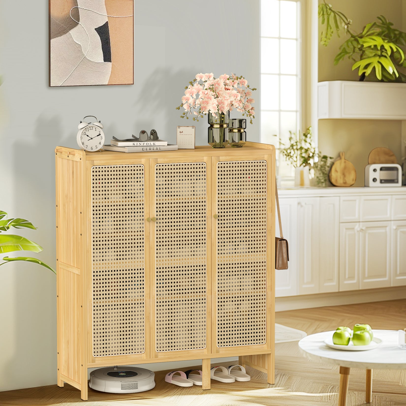 Bamboo Shoe Cabinet: 6 Tier Shelves Shoe Storage Cabinet with Hollow Doors Shoe Rack for Entryway