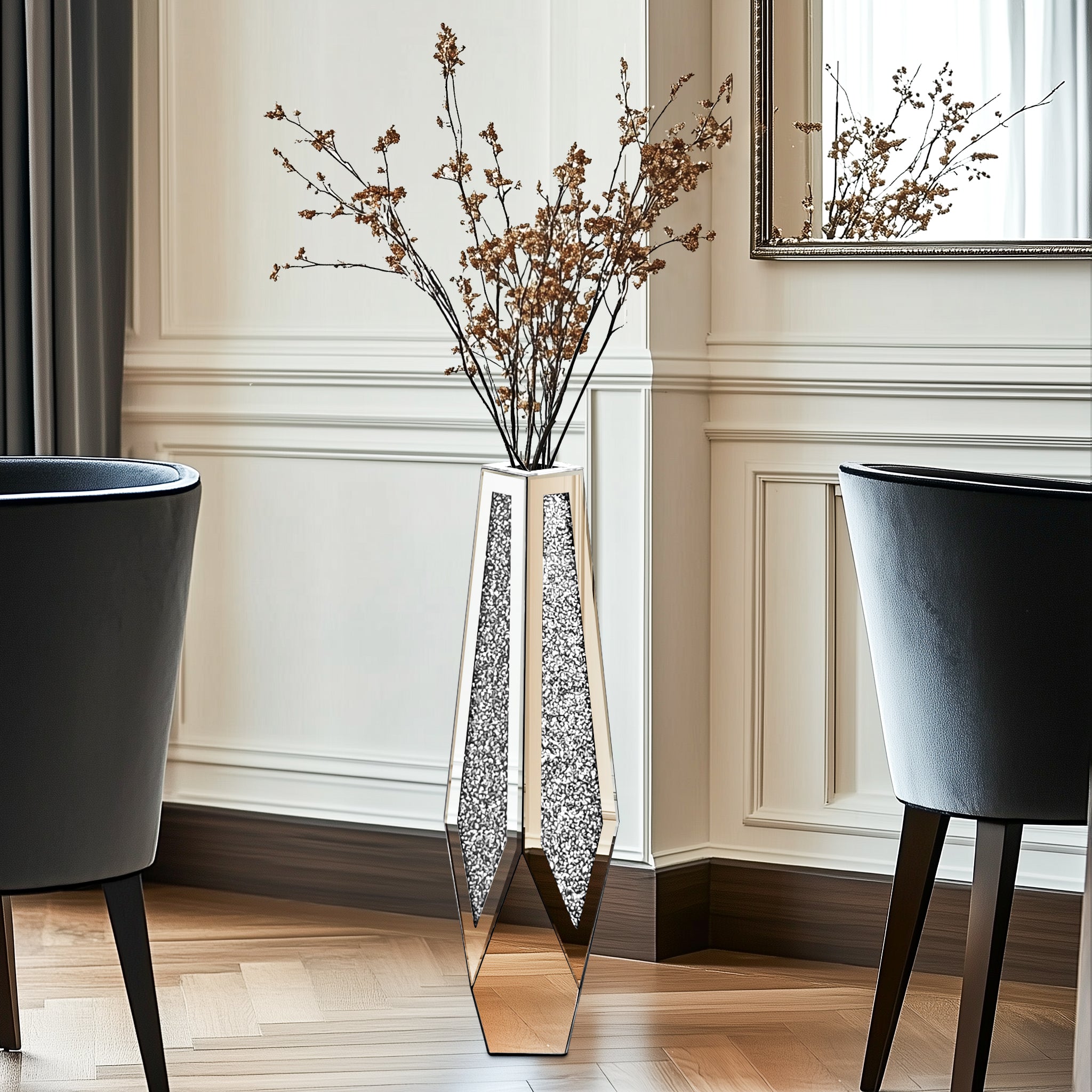 28” Tall Crushed Diamond Mirrored Flower Vase Crystal Silver Floor Flower Vase