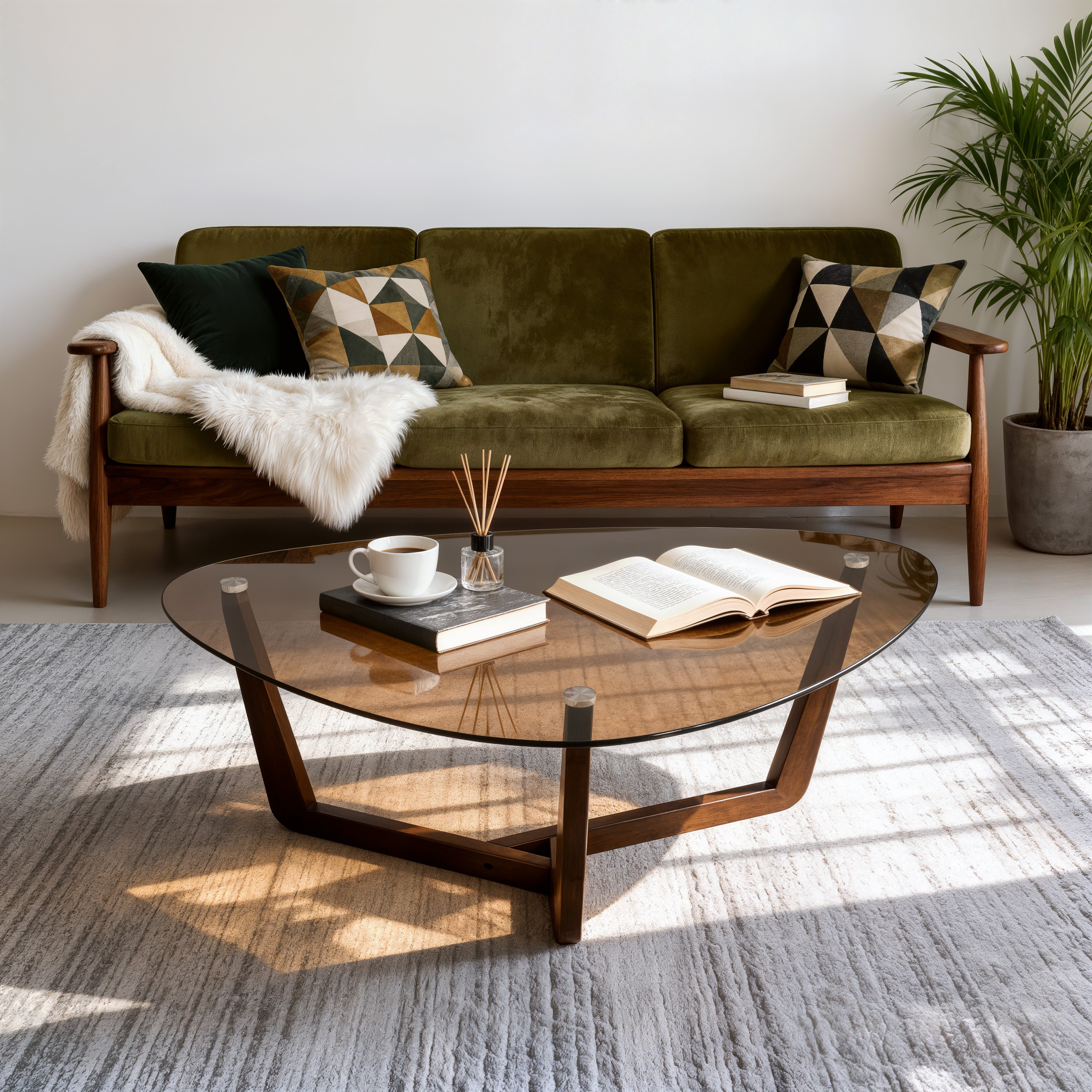 Organic Triangle Glass Center Coffee Table for Living Room, with Amber-Tinted Tempered Glass Tabletop Rubber Wooden Frame