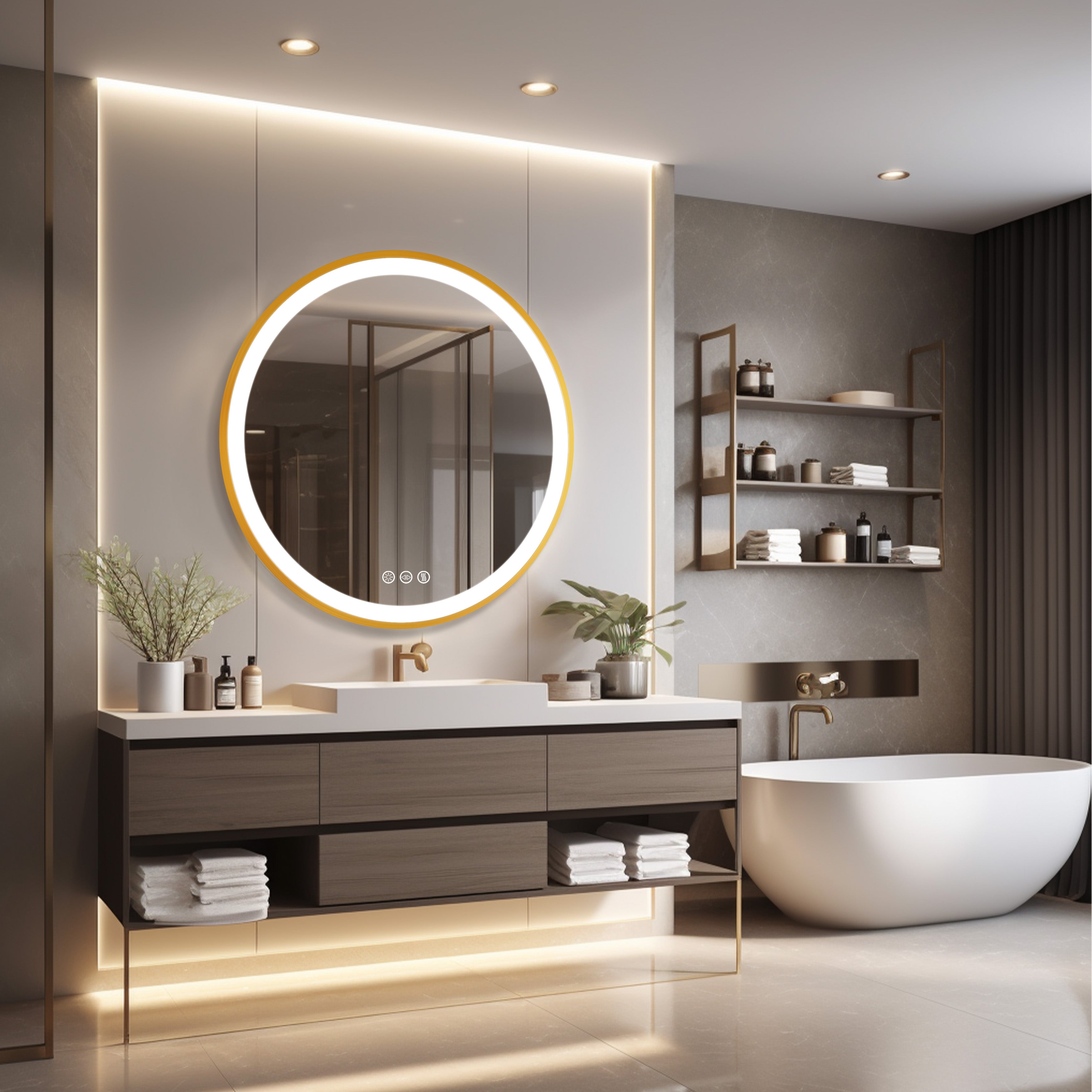 Golden Round Bathroom Mirror Aluminum Frame, Front-lit Vanity Mirror