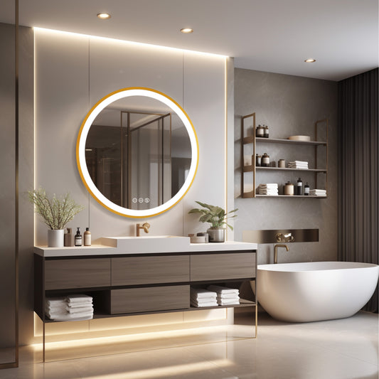 Golden Round Bathroom Mirror Aluminum Frame, Front-lit Vanity Mirror