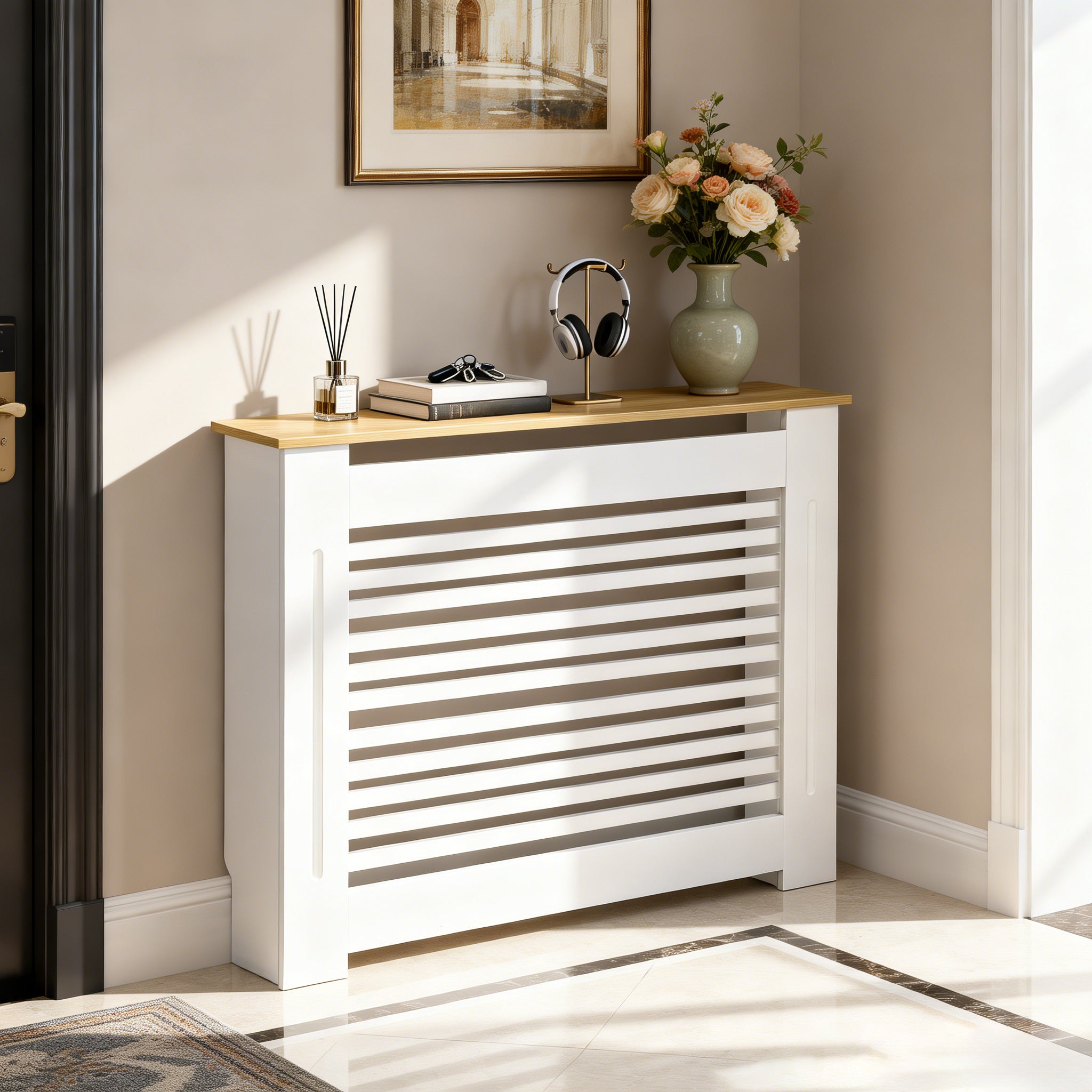FATIVO Radiator Cover: Internal Height 90.5cm | Horizontal Slatted Radiator Cover with Natural Wood Texture Top, White MDF Wall Heater Cover for Old, Compact Radiators