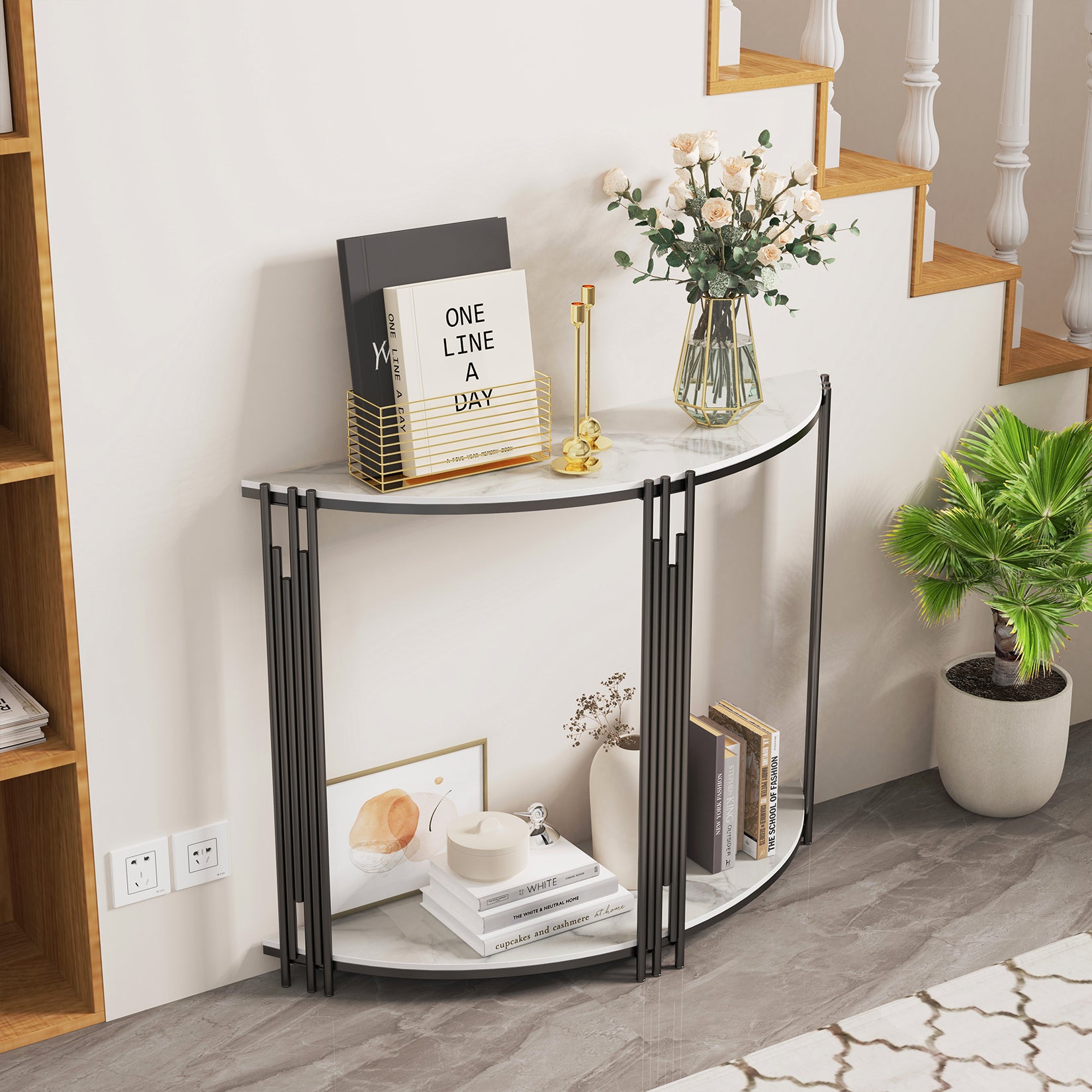 Half Moon Console Table with Open Shelf Sintered Stone-top Living Room Hallway Storage Table