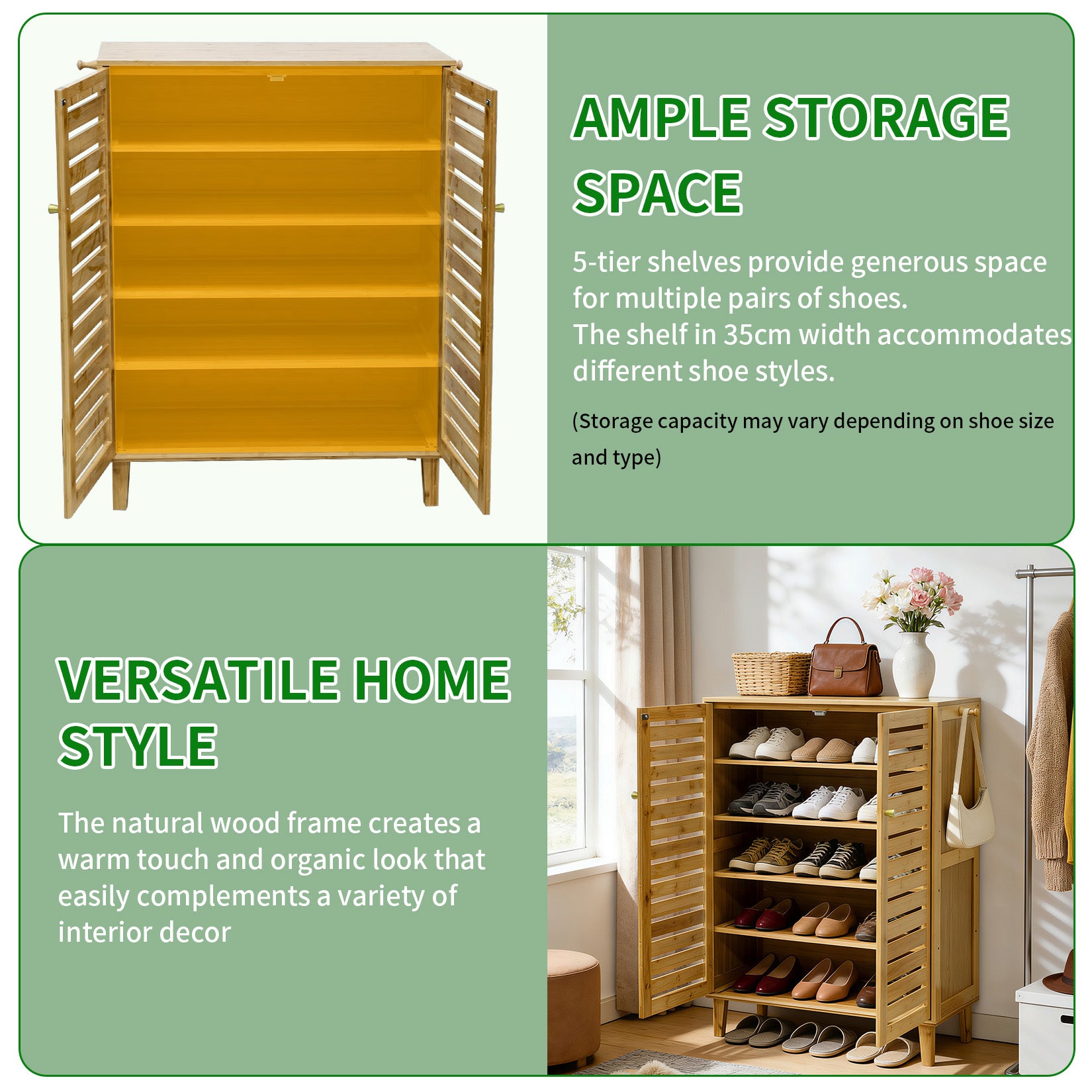 2/3 Doors Bamboo Shoes Storage Cabinet with Slatted Doors & Shelves for Entryway, Hallway