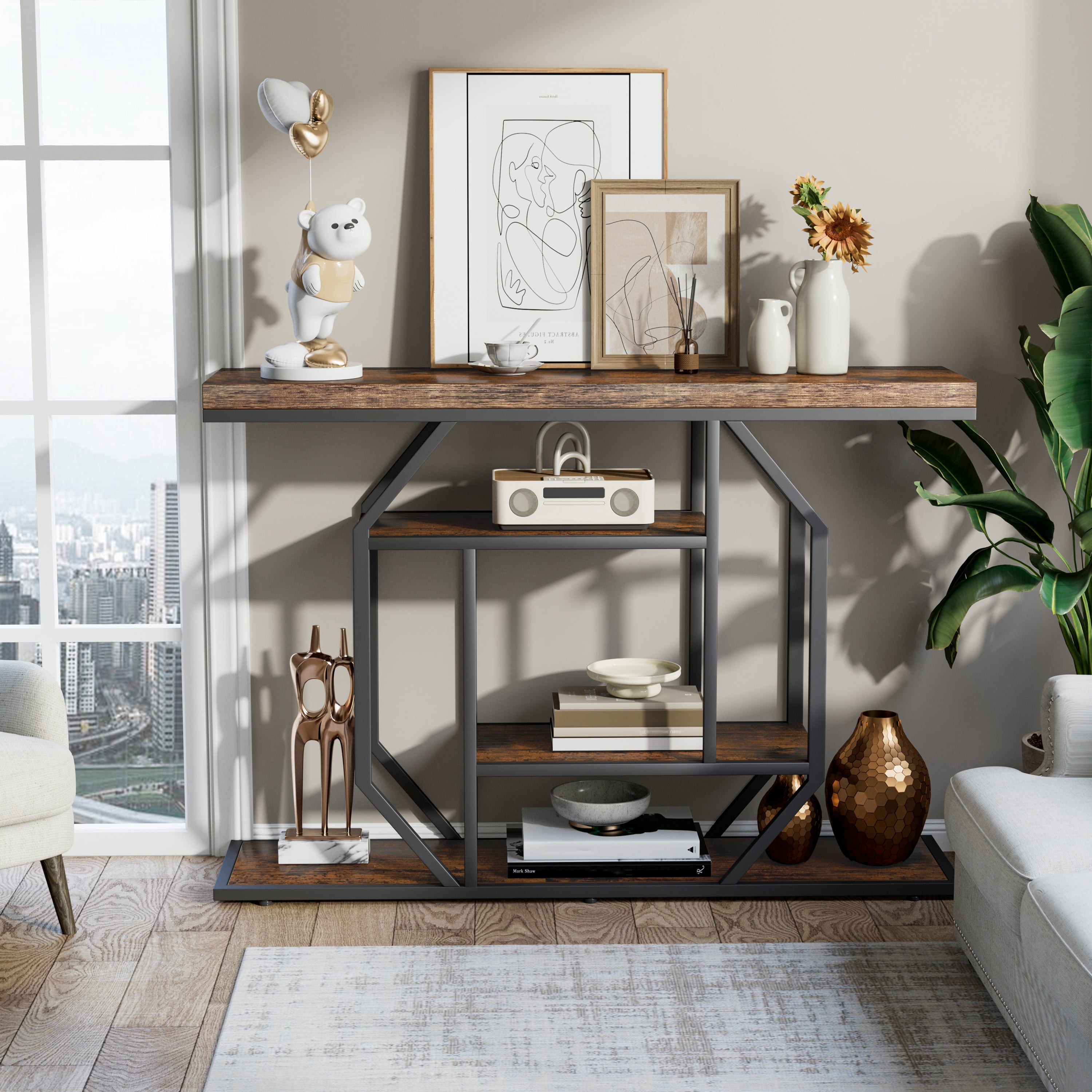 47.3" Long Console Table Industrial Sofa Table with Geometric Base Storage Shelf