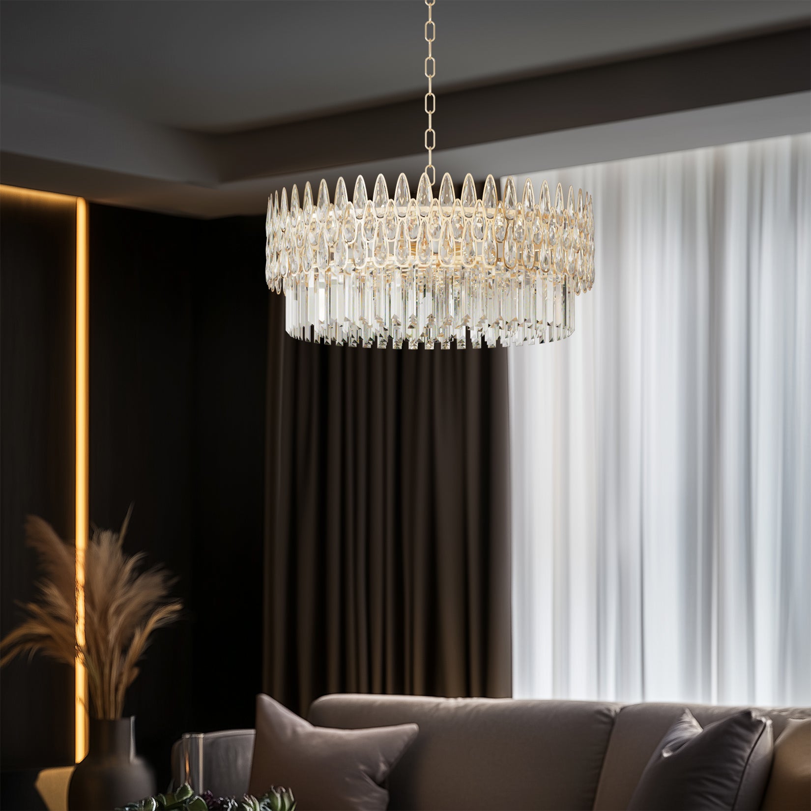 Luxurious Round Crystal Chandelier Pendant Lamp with Raindrops Oblong Crystals