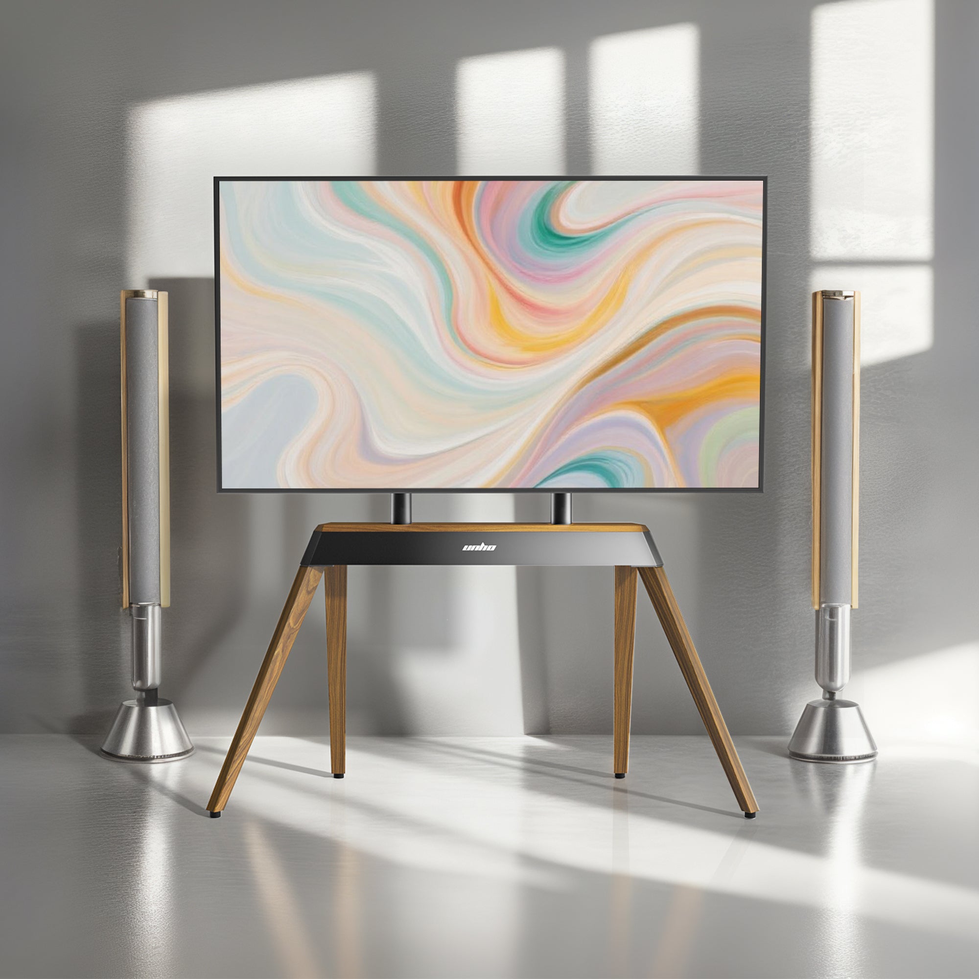 Mid-century Modern TV Floor Stand for 40”-86” TV Stand with Trapezoidal-frame