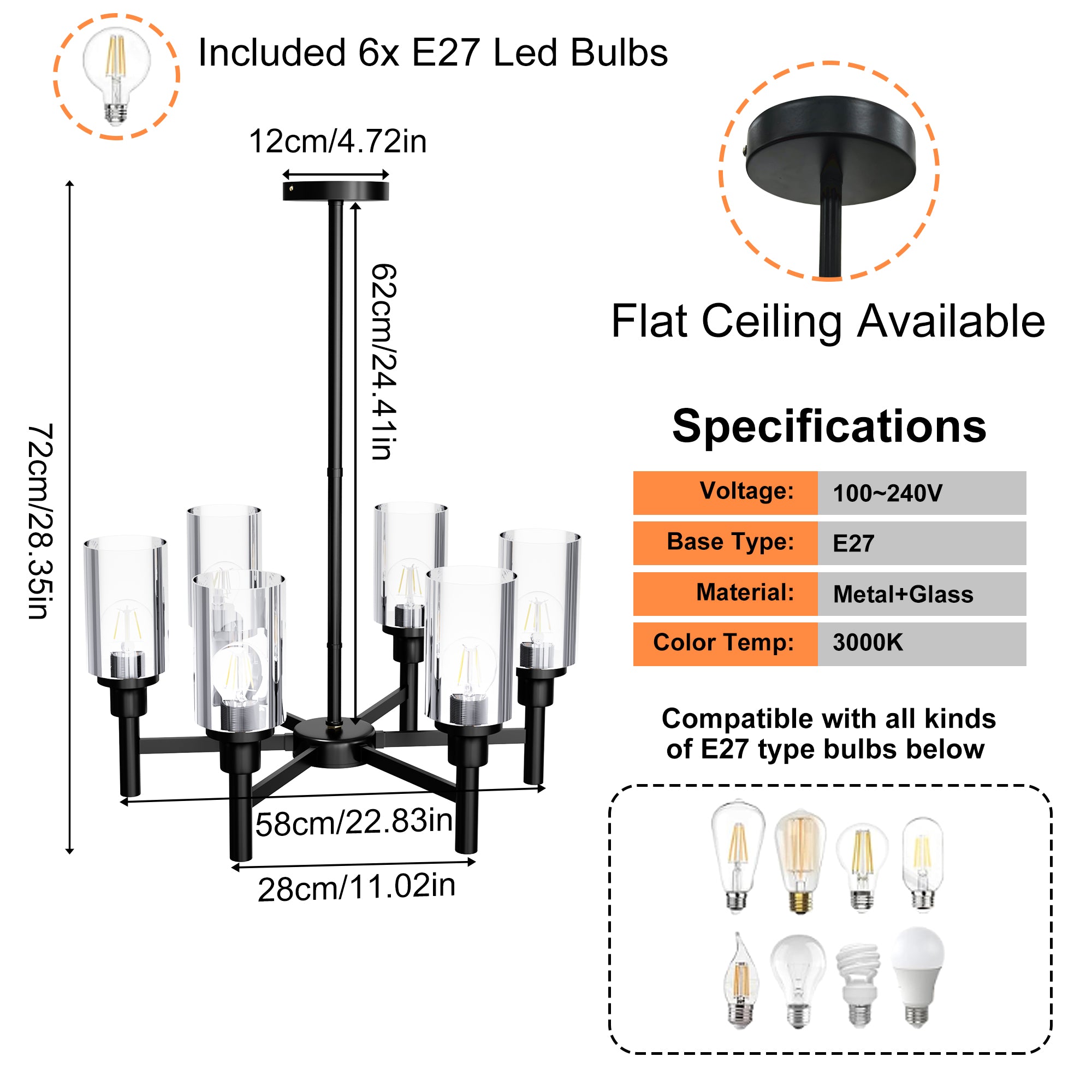 6-light/ 8-Light Industrial Ceiling Chandelier Lamp with Matt Black Frame Pendant Light for Kitchen Island, E27 Led Sources