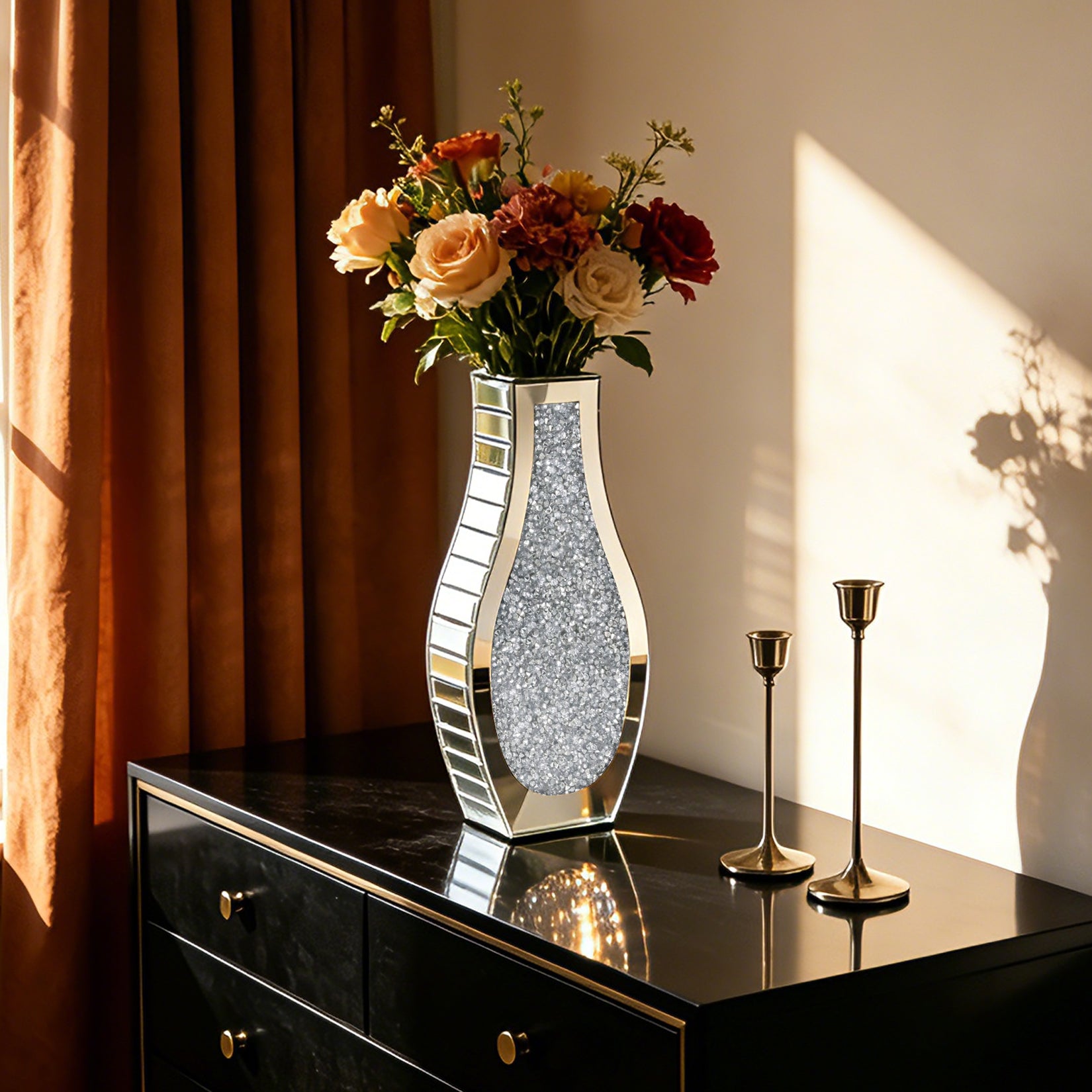 Silver Crushed Diamond Table Flower Vase for Dried Flowers Mirrored Table Centerpiece