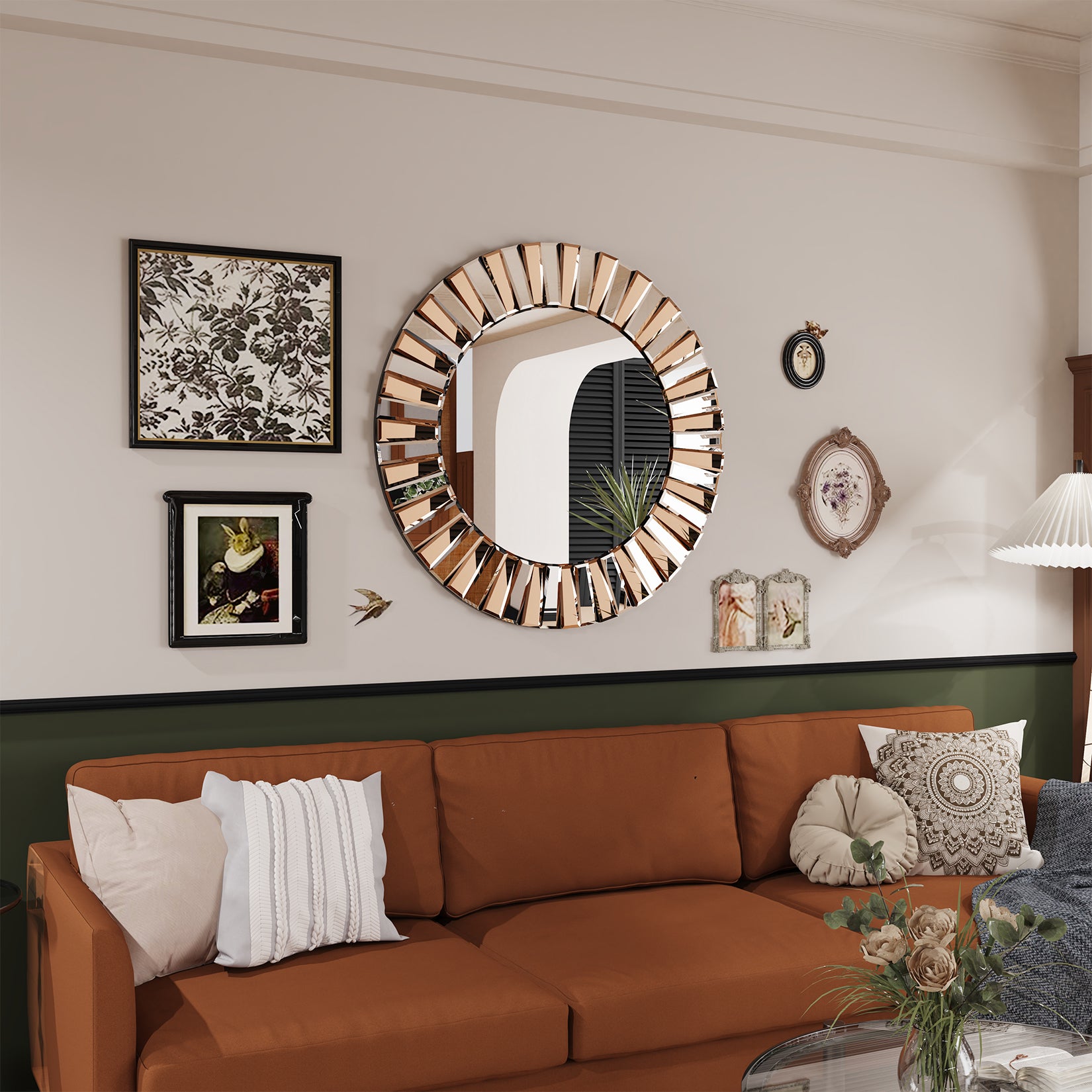 Unique Glass Beveled Edge Sunburst Round Wall Mirror