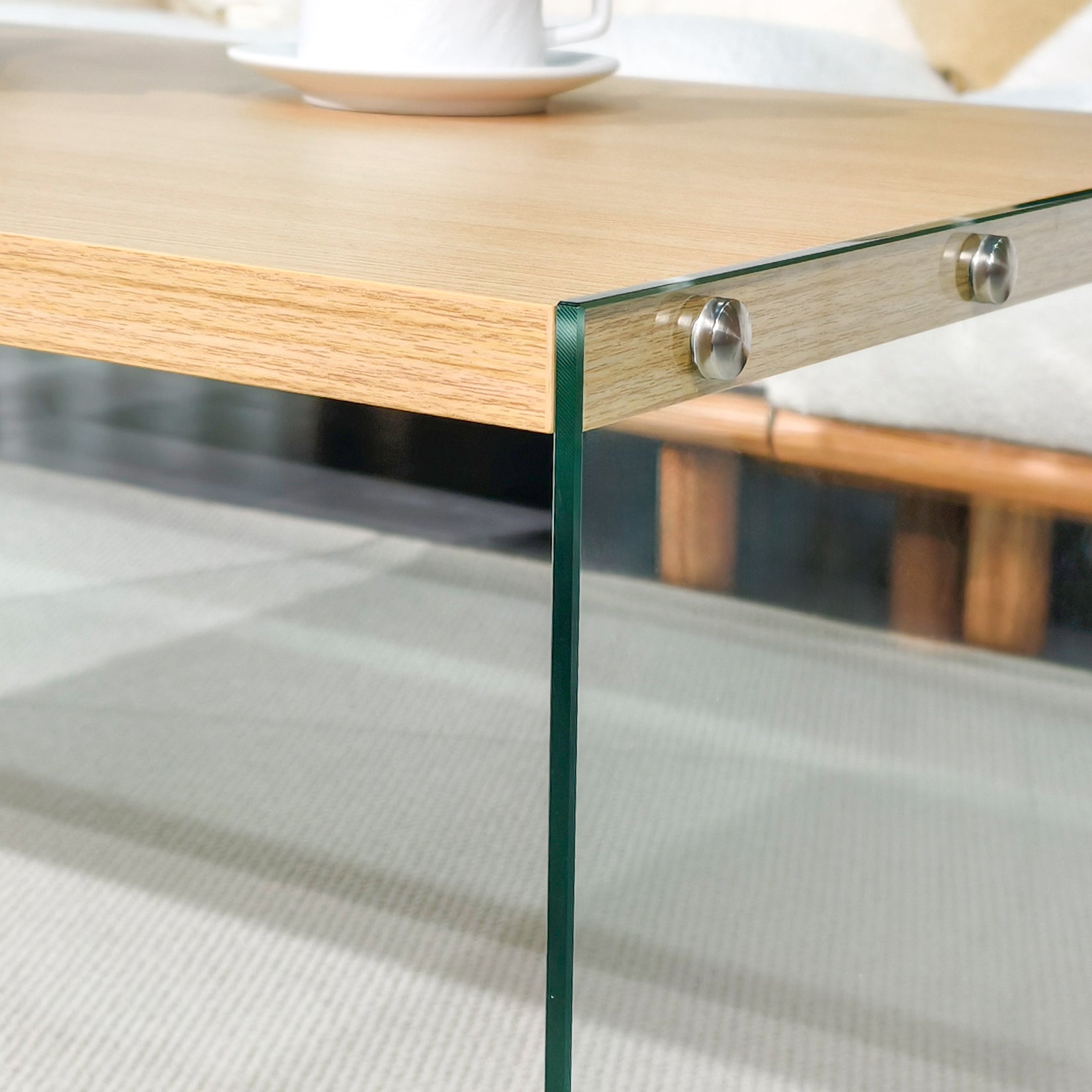 Rectangular Coffee Table: New Release Wood-tone MDF Coffee Table with Tempered Glass Legs