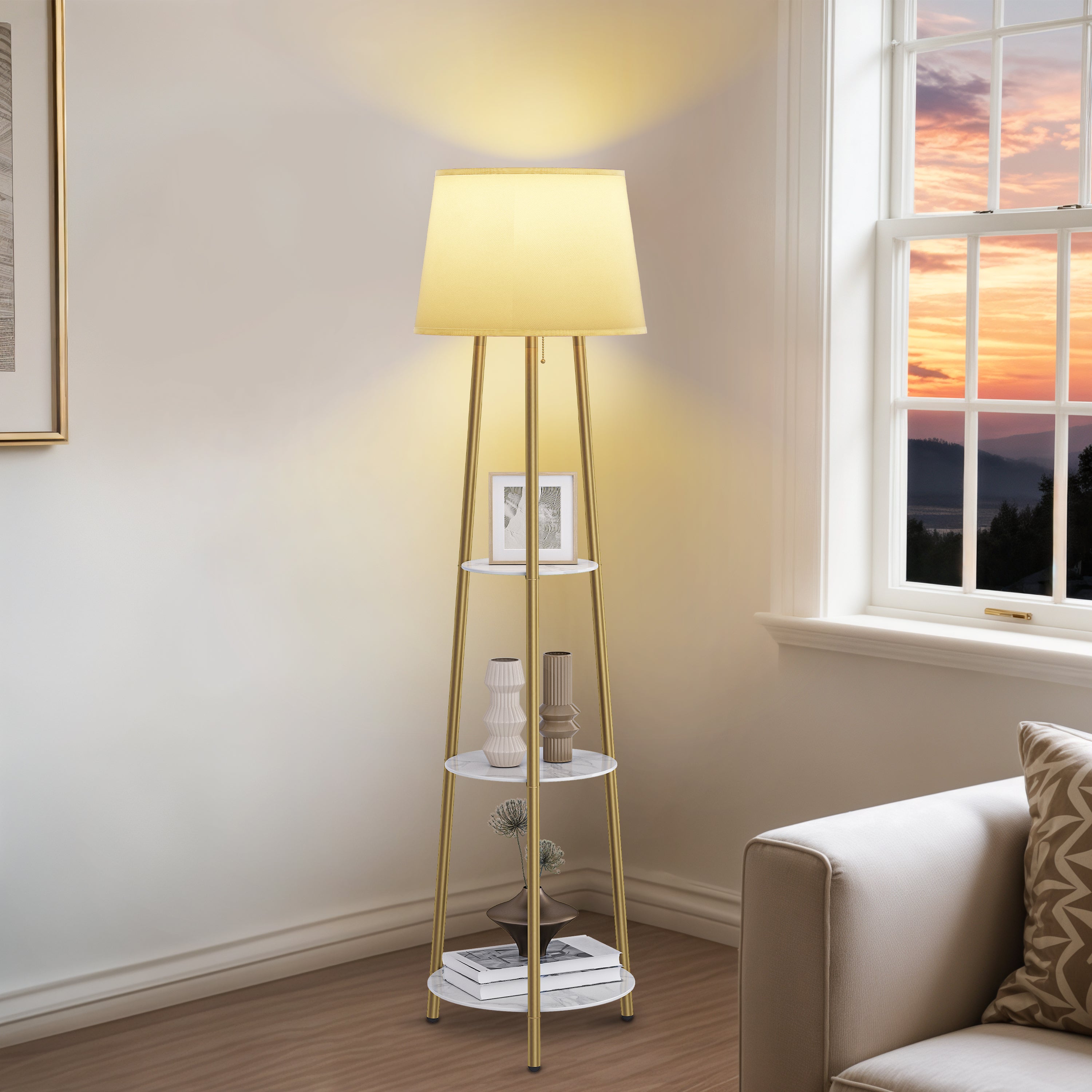 Tripod Led Floor Lamp: Modern Free Standing Floor Lamp with Sintered Stone Shelves