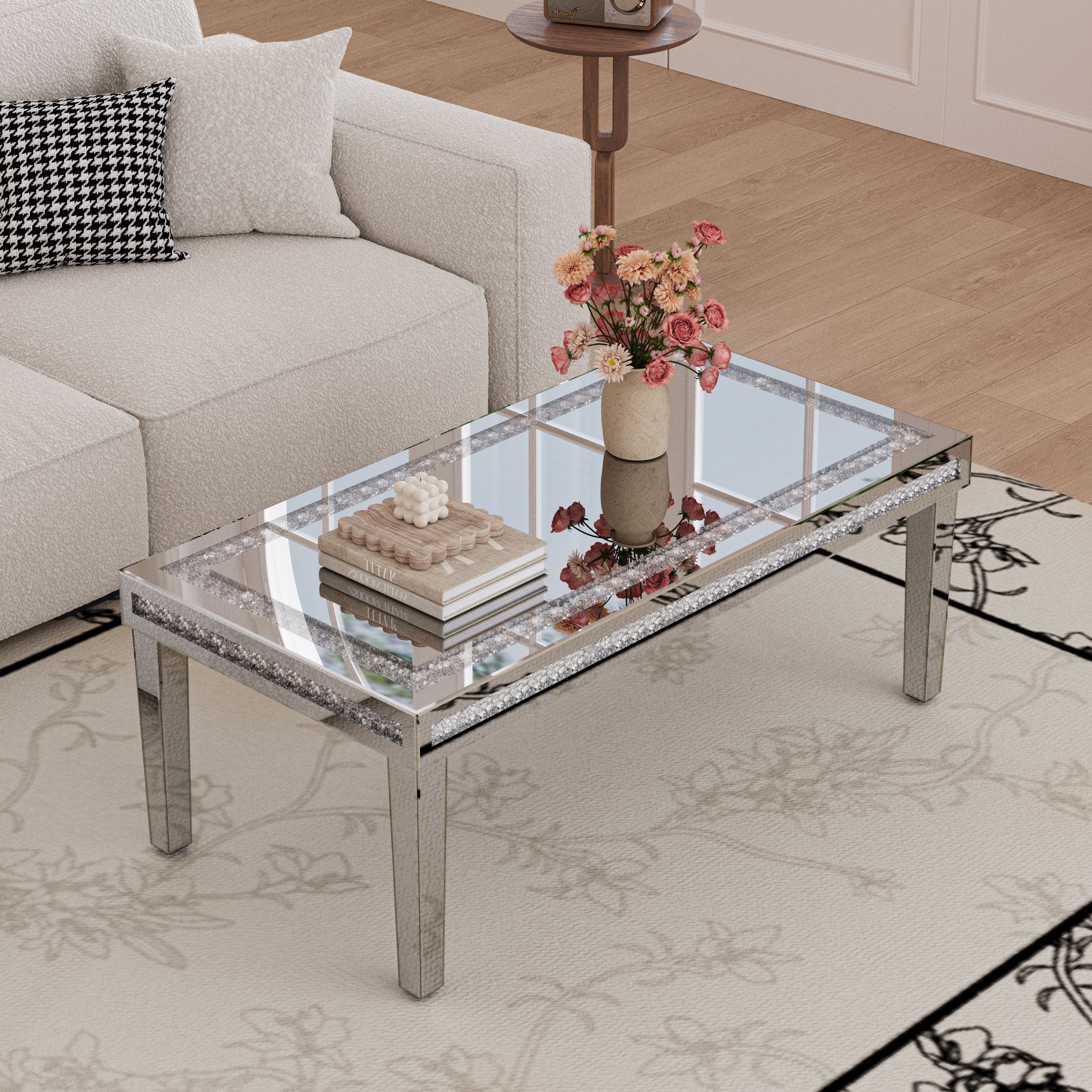 Rectangular Mirrored Coffee Table: Luxury Crushed Diamond Coffee Table Silver Mirrored Finish