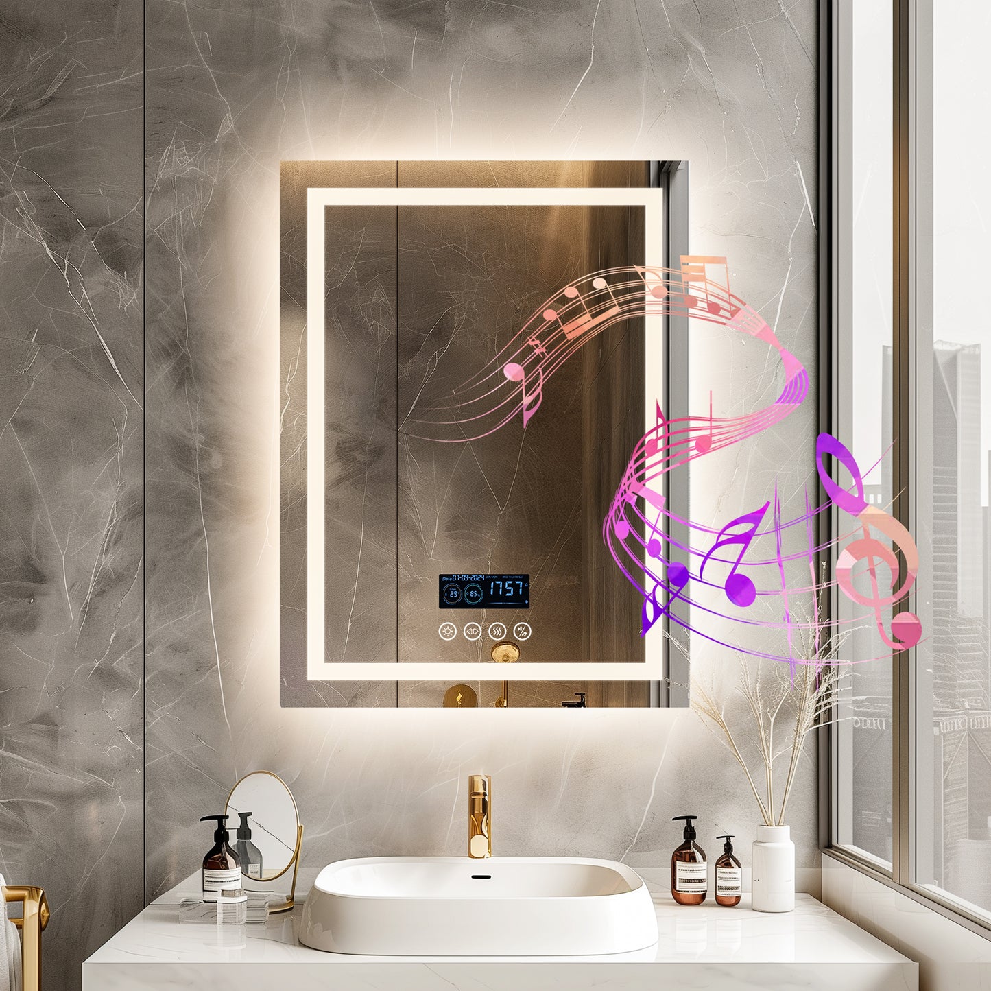 Square Lighted Bathroom Mirror with Bluetooth Speaker, Front-lit, Backlight,