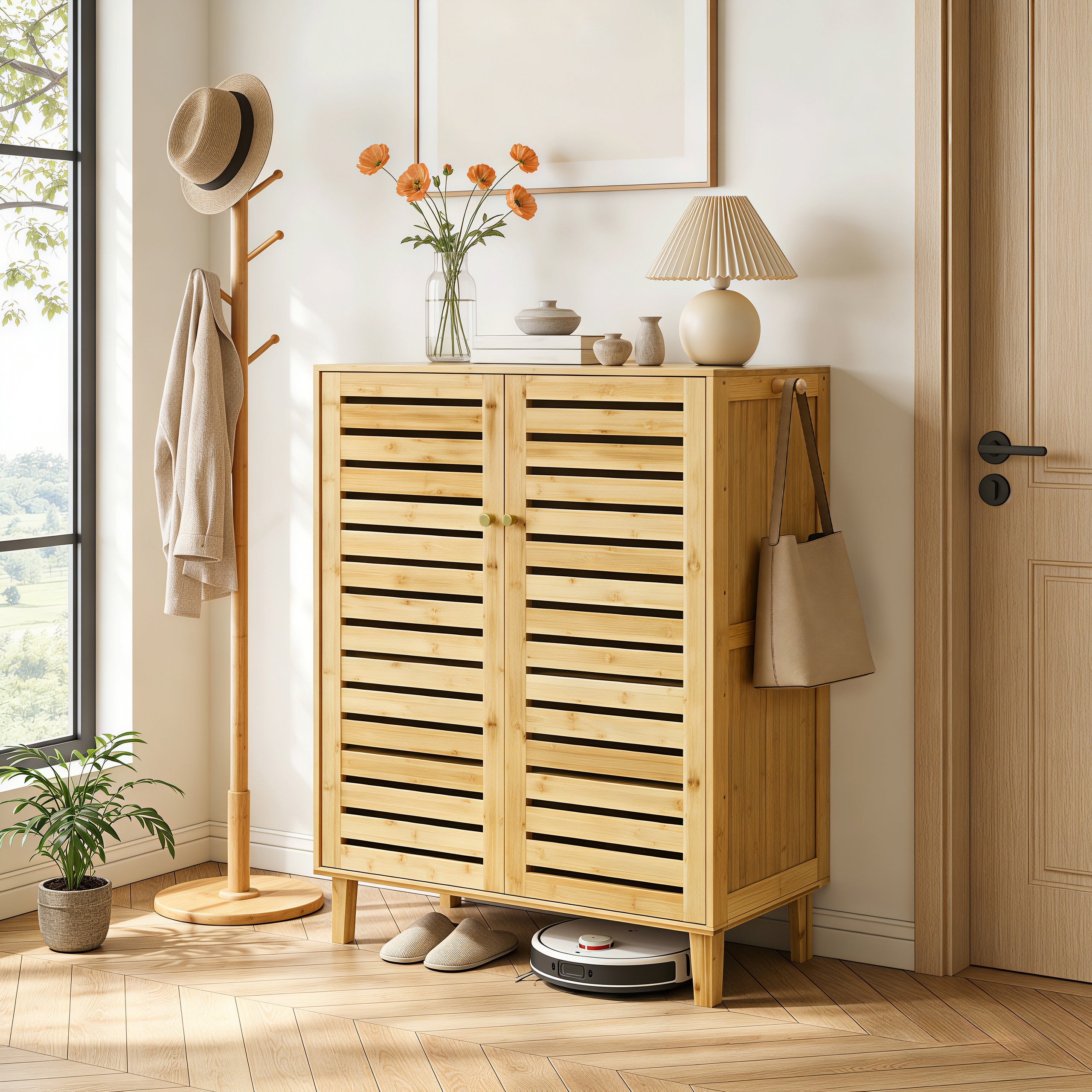 2/3 Doors Bamboo Shoes Storage Cabinet with Slatted Doors & Shelves for Entryway, Hallway