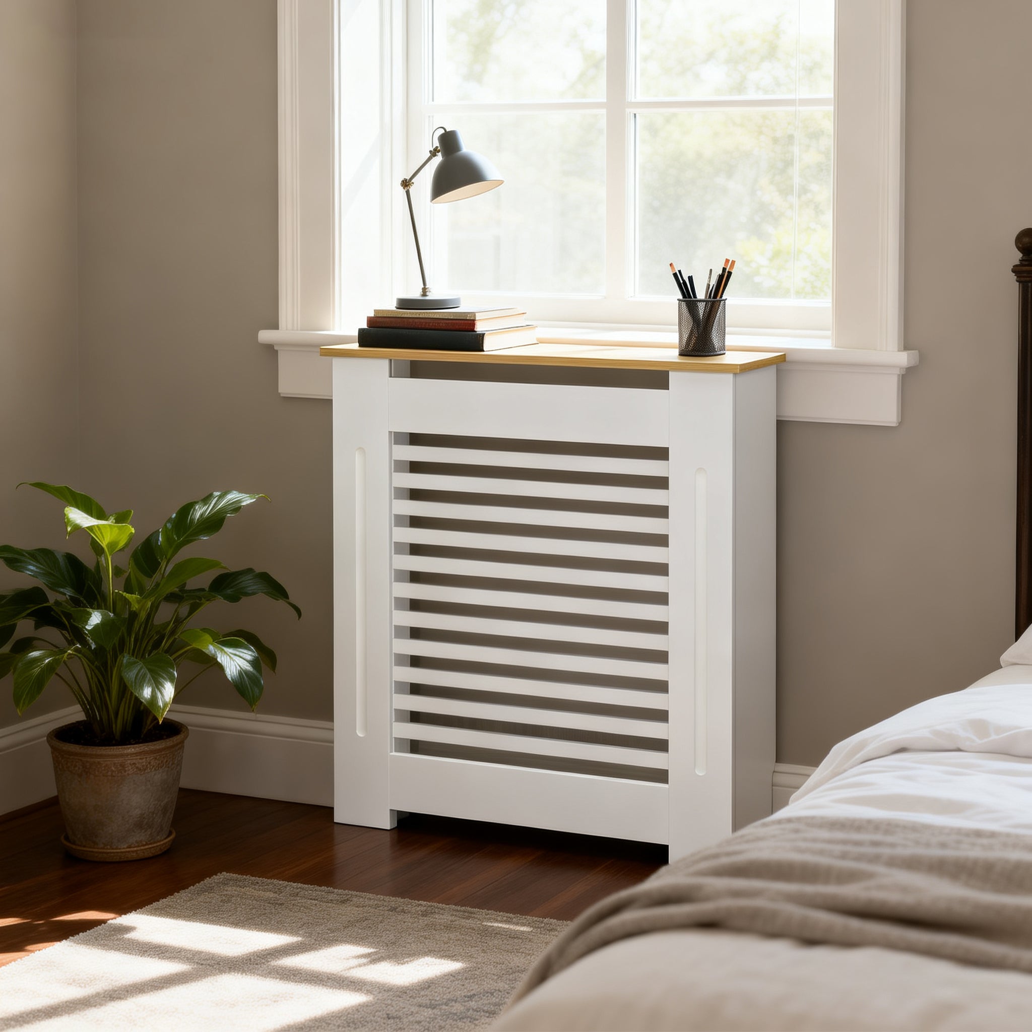 FATIVO Radiator Cover: Internal Height 90.5cm | Horizontal Slatted Radiator Cover with Natural Wood Texture Top, White MDF Wall Heater Cover for Old, Compact Radiators