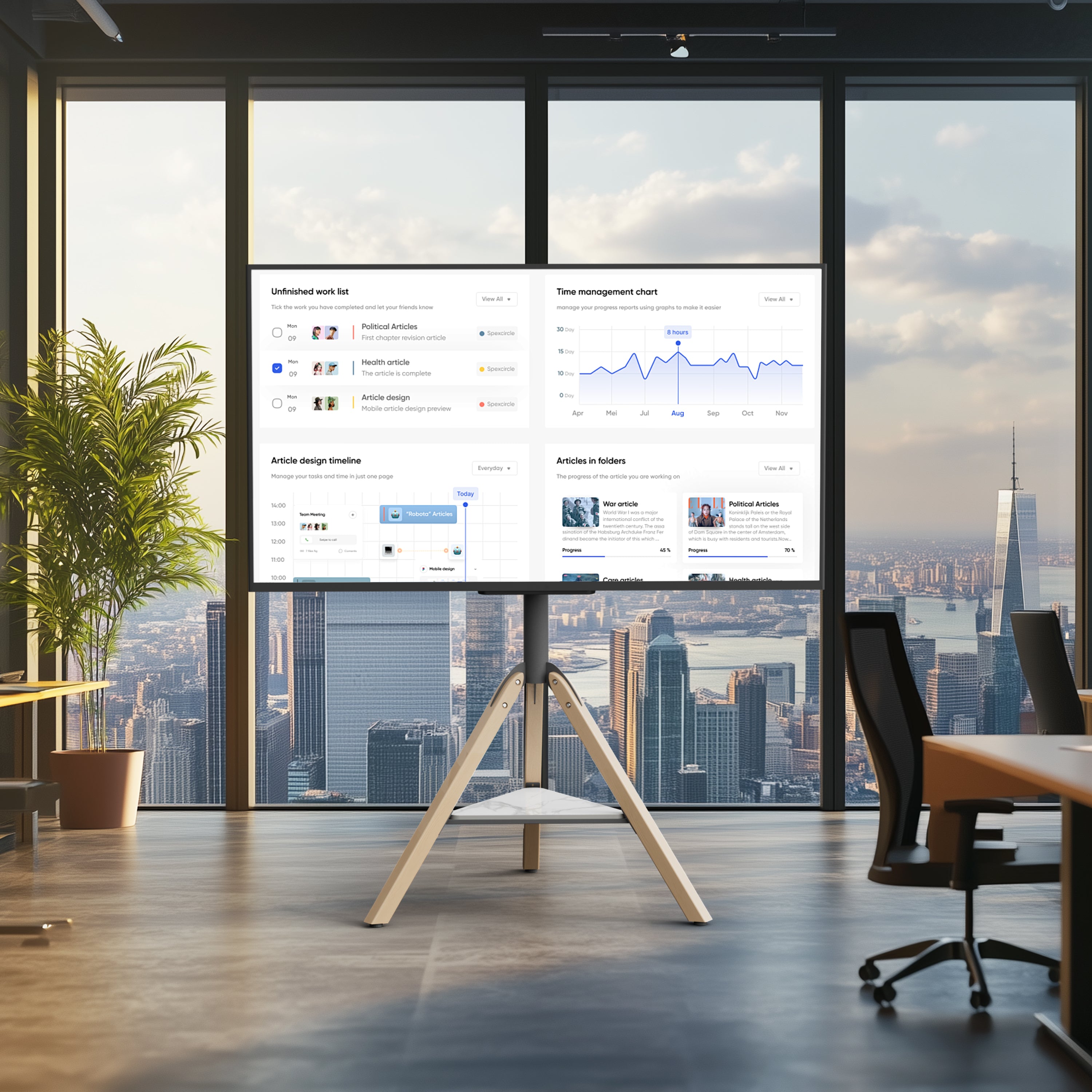 Mid Century TV Floor Stand for 40”-75” Corner Swivel TV Stand with Tripod Legs Height Adjustable