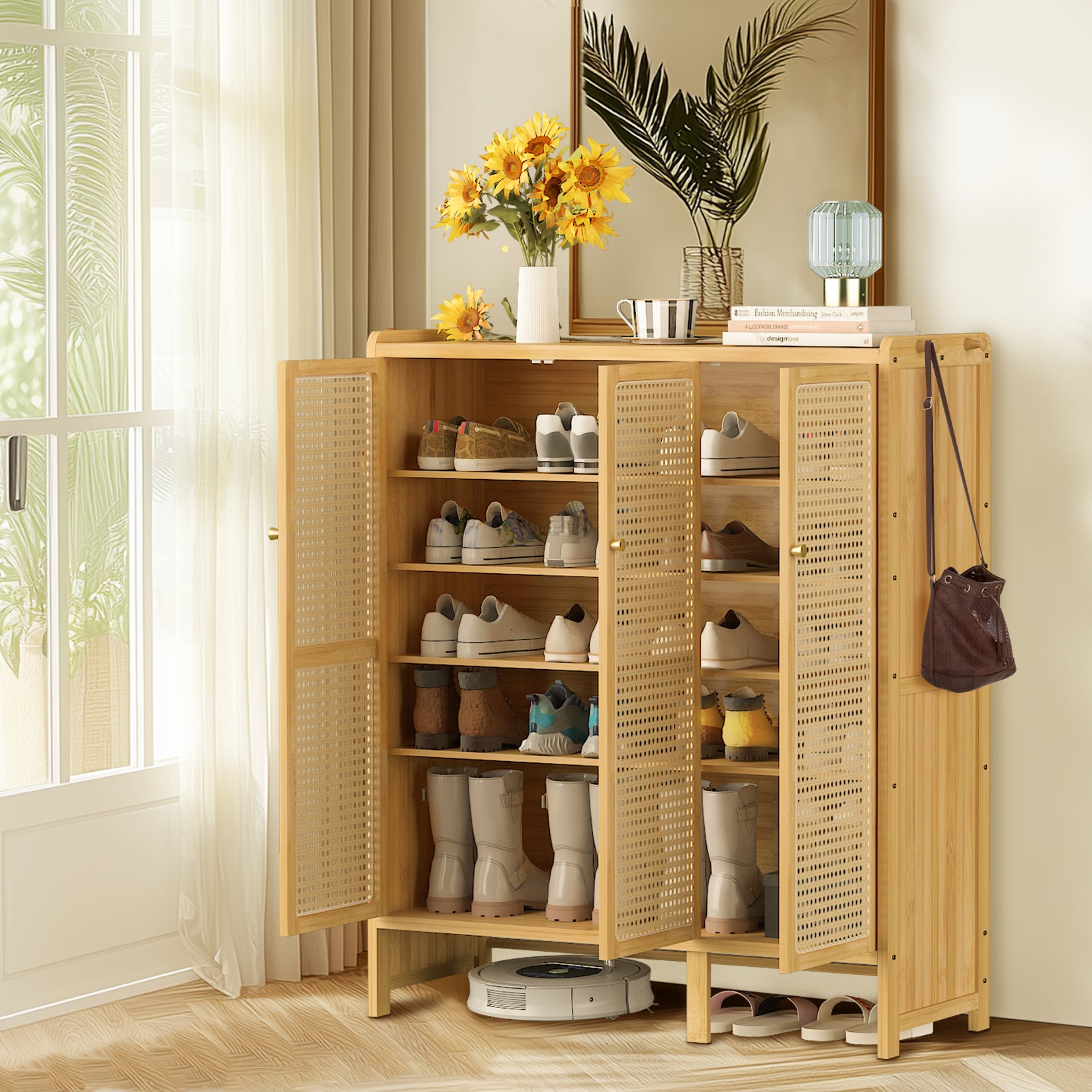 Bamboo Shoe Cabinet: 6 Tier Shelves Shoe Storage Cabinet with Hollow Doors Shoe Rack for Entryway