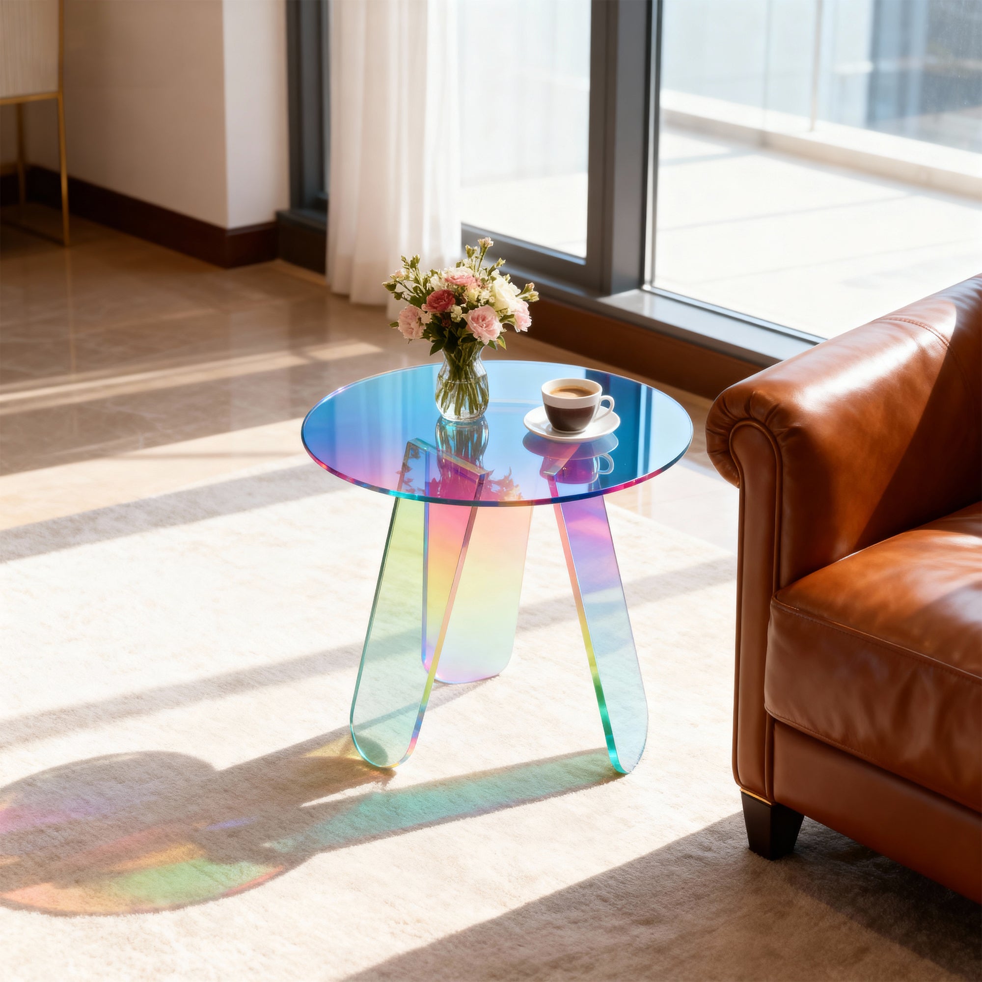 Round Iridescent Rainbow Acrylic End Table w/ PVC Table Cover Acrylic Side Table