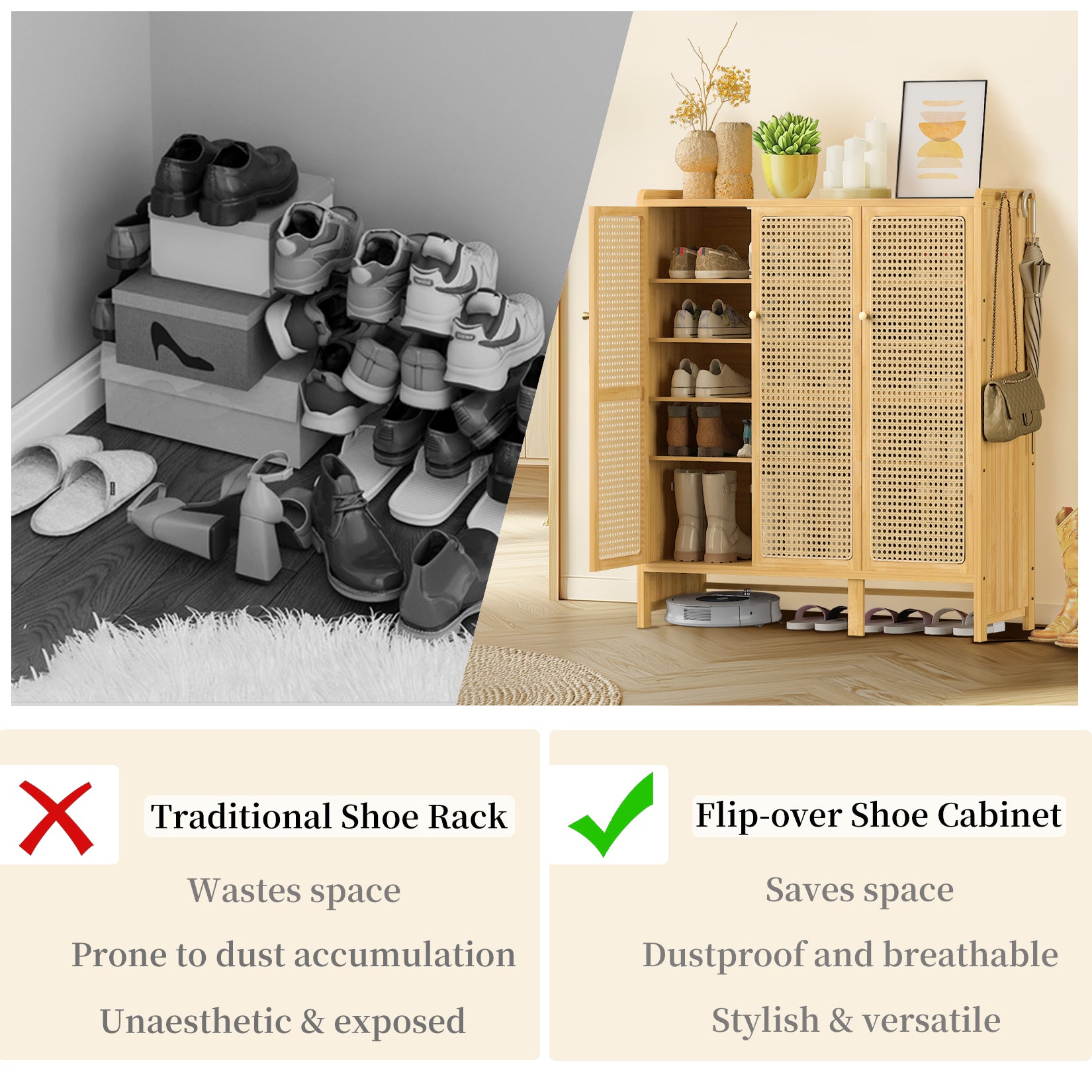 Bamboo Shoe Cabinet: 6 Tier Shelves Shoe Storage Cabinet with Hollow Doors Shoe Rack for Entryway