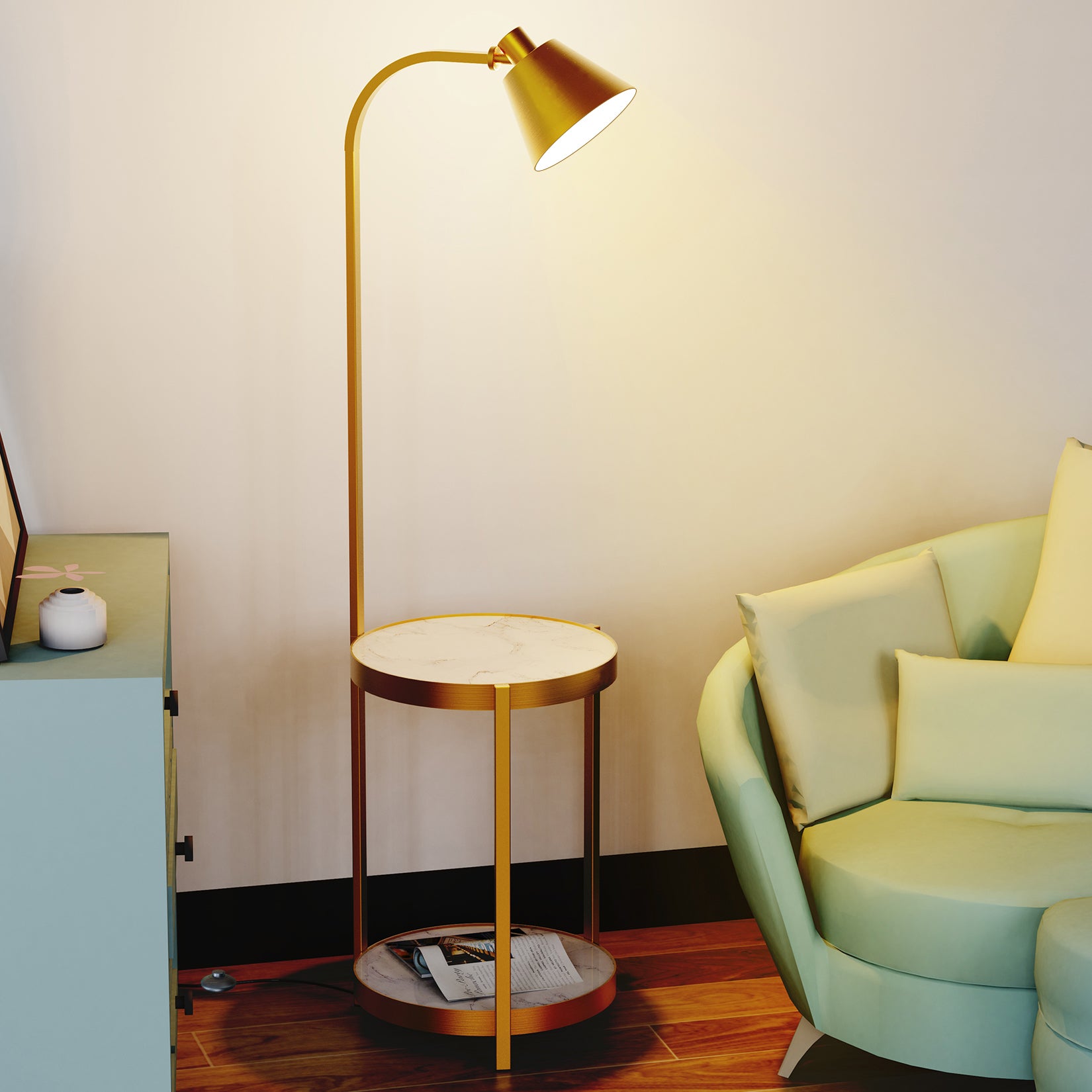 Tall Floor Lamp for Living Room, with 2-tier End Side Table Shelves Golden Iron Frame