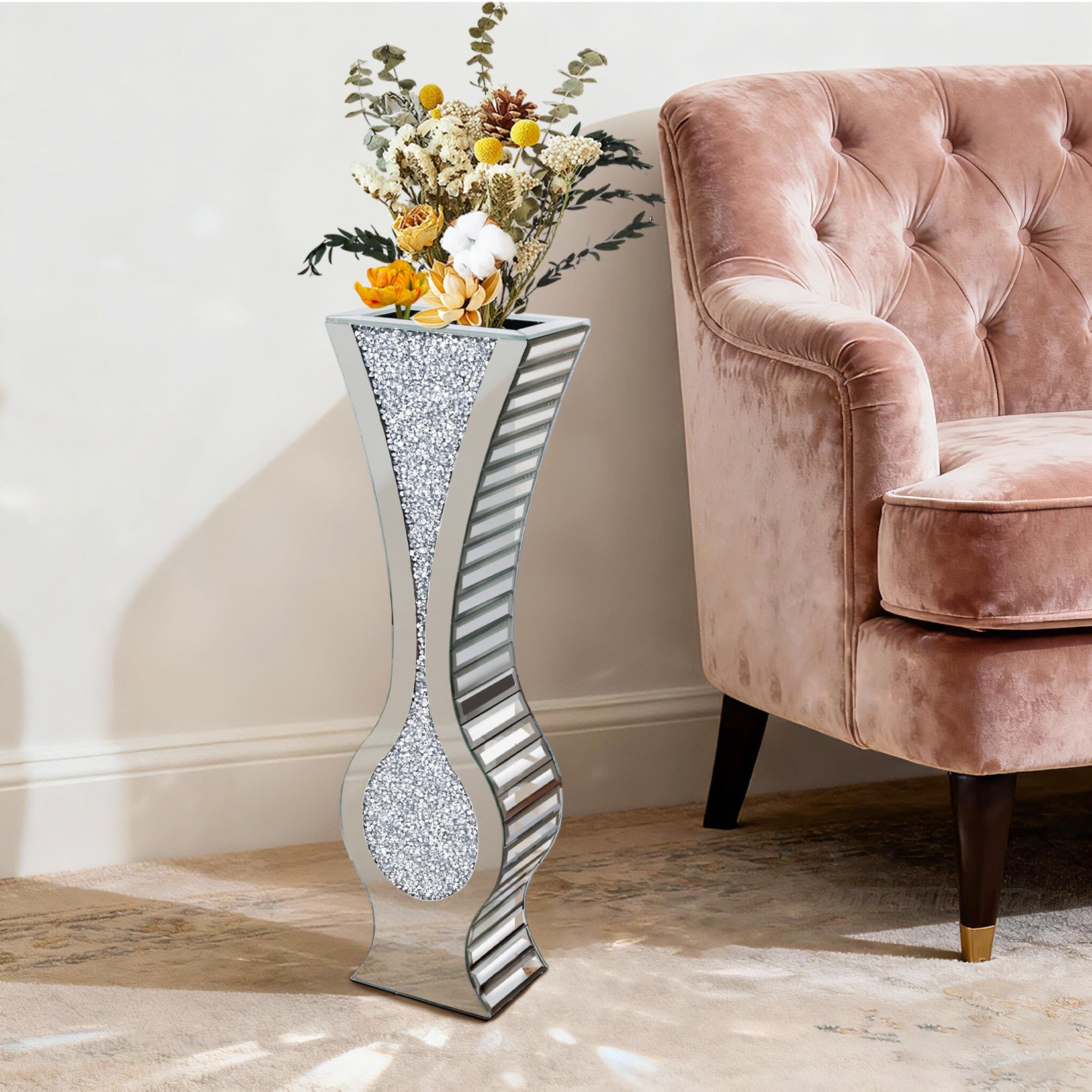 Silver 27” Tall Mirrored Vase Crushed Diamond Floor Vase Pampas Faux Flower Vase