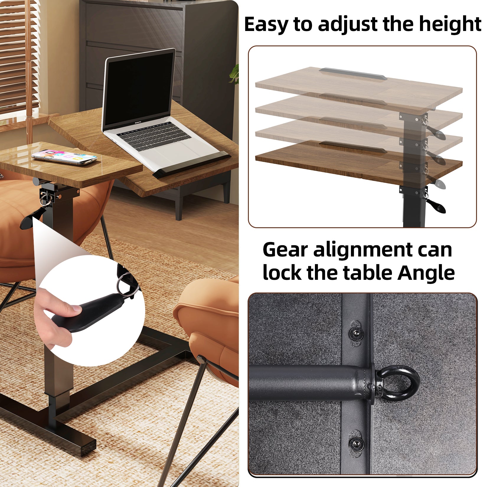 Adjustable Sofa Table Overbed Table w/Hidden Wheel