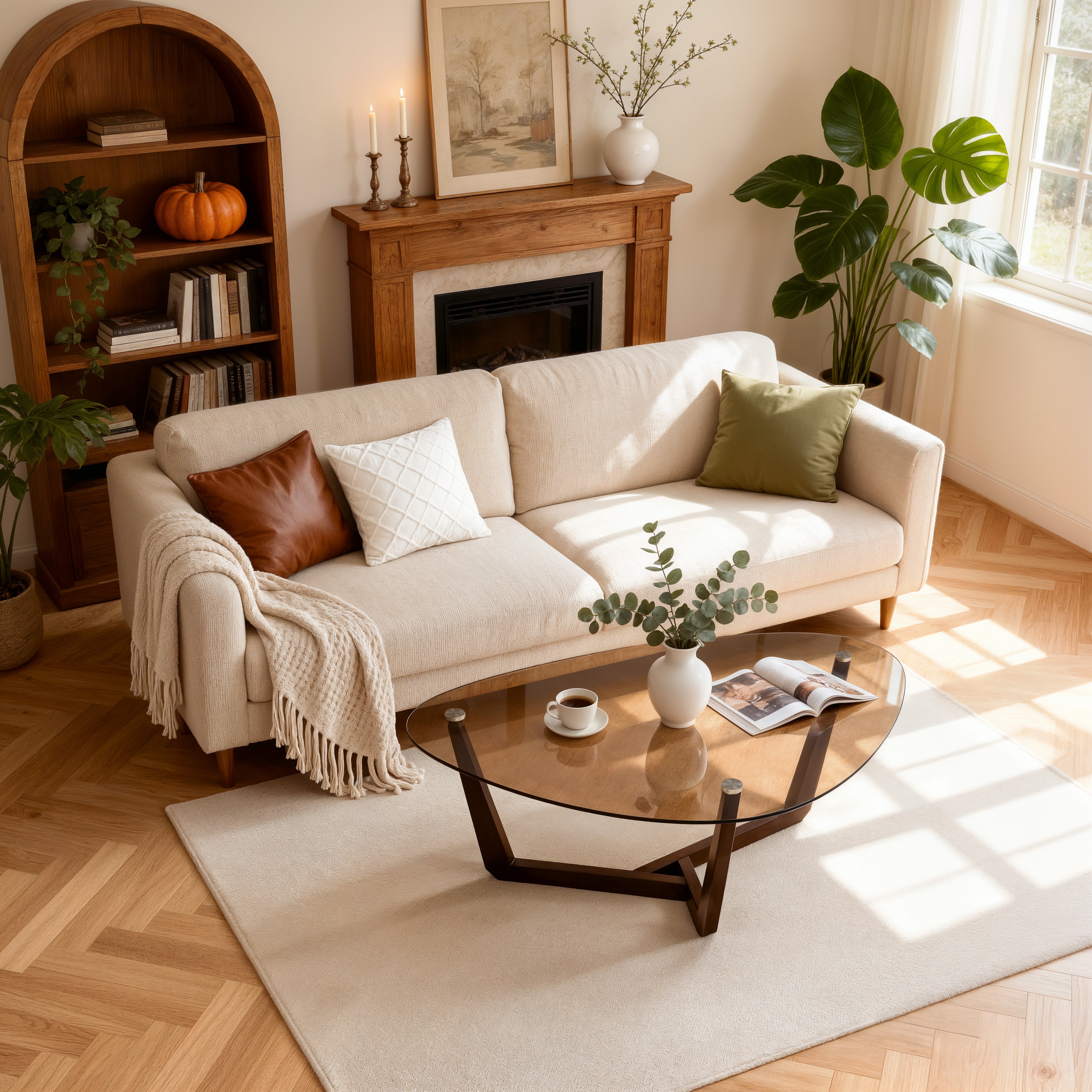 Organic Triangle Glass Center Coffee Table for Living Room, with Amber-Tinted Tempered Glass Tabletop Rubber Wooden Frame