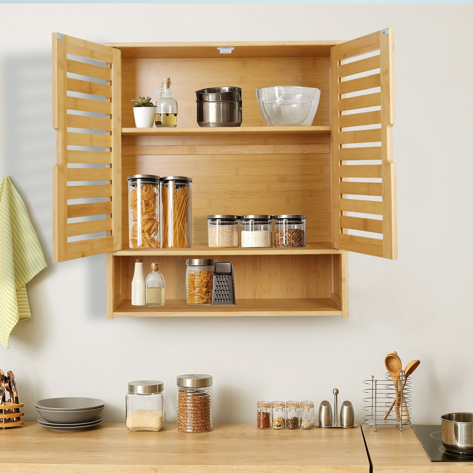 Bathroom Cabinet Bamboo Over-The-Toilet Storage Organizer Wall Mounted Kitchen Shelves