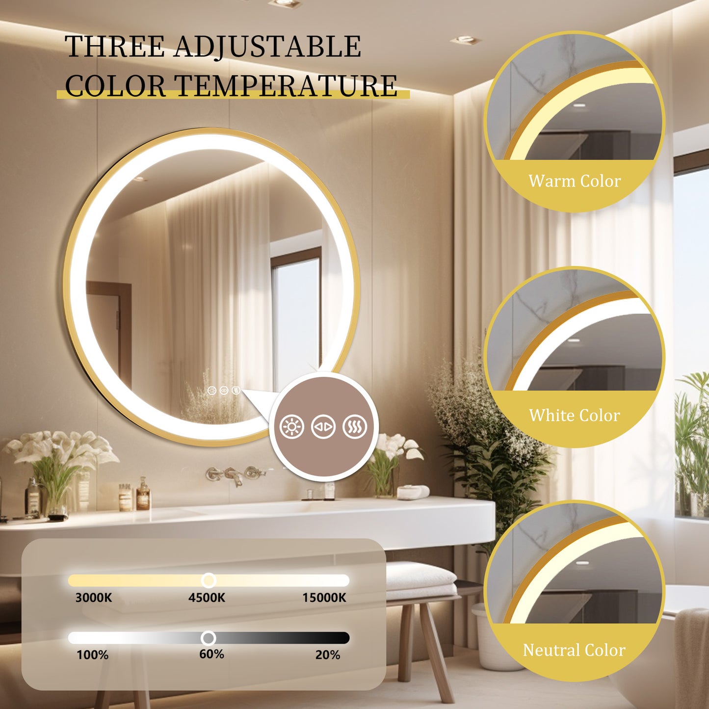 Golden Round Bathroom Mirror Aluminum Frame, Front-lit Vanity Mirror