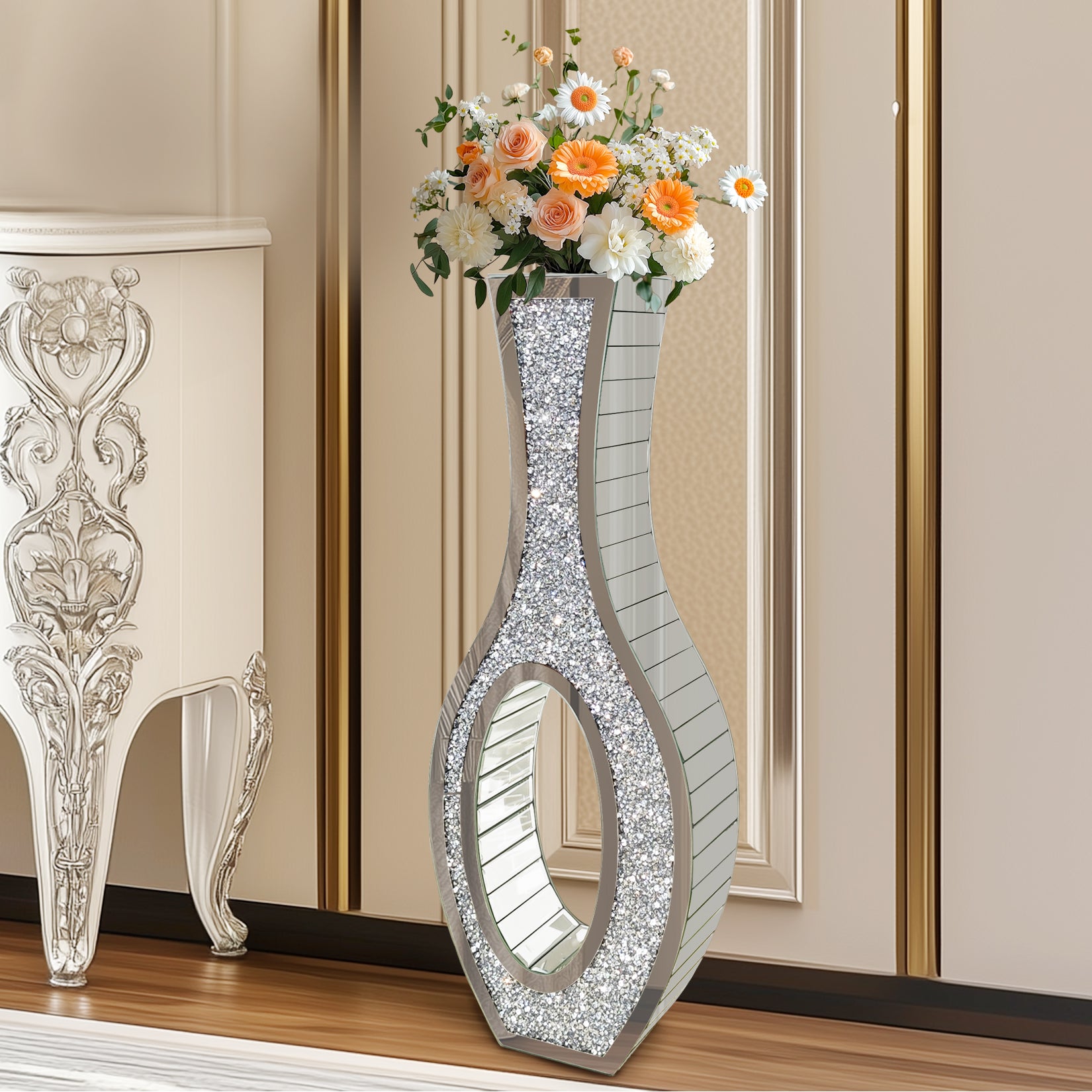 Crushed Diamond Floor Vase: Silver Mirror Vase Geometric Bling Floor-Standing Luxury Home Decor