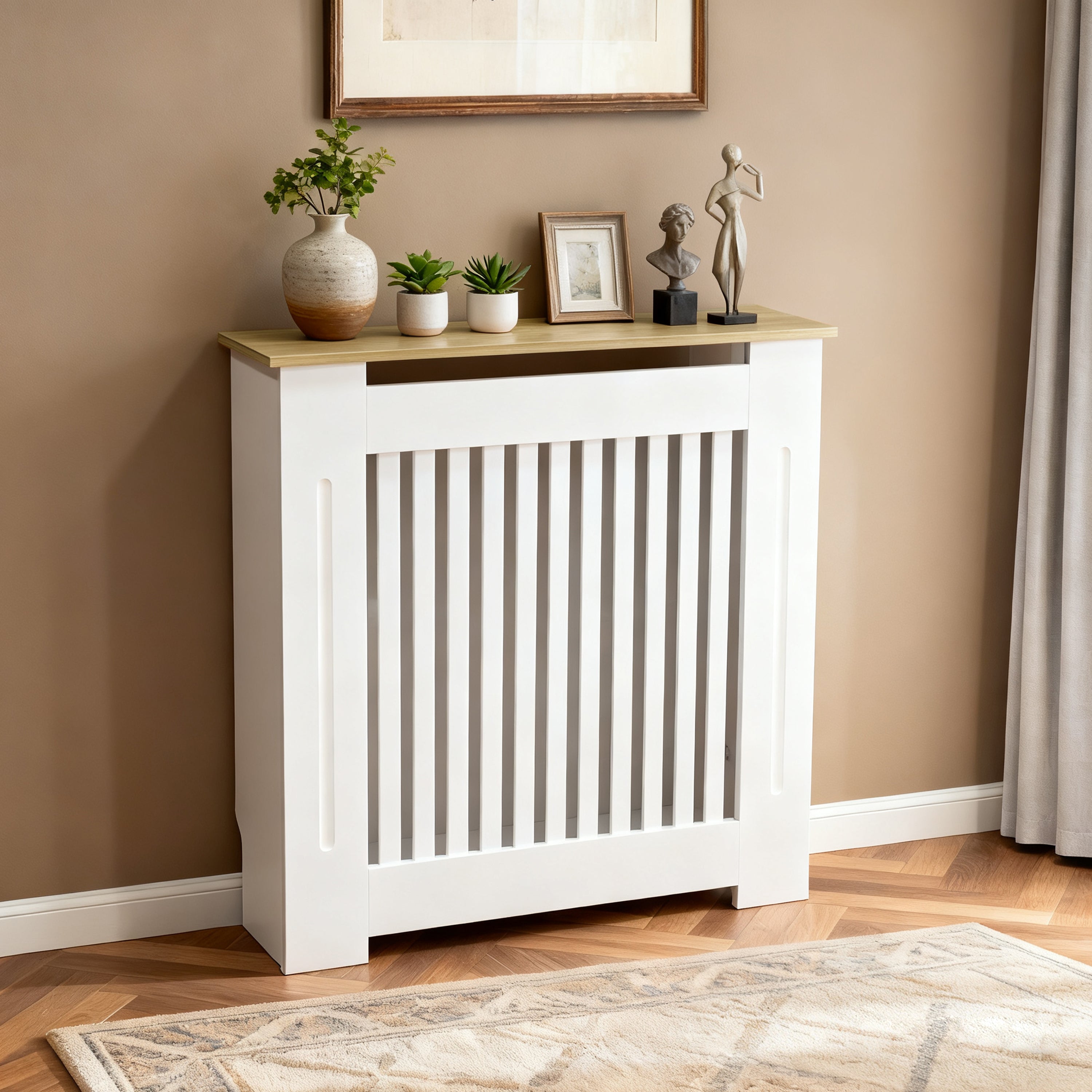 FATIVO Radiator Cover | Intenal Height 90.5cm | Vertical Slatted White Radiator Cover w/ Wood-grain Top, MDF Heater Cover