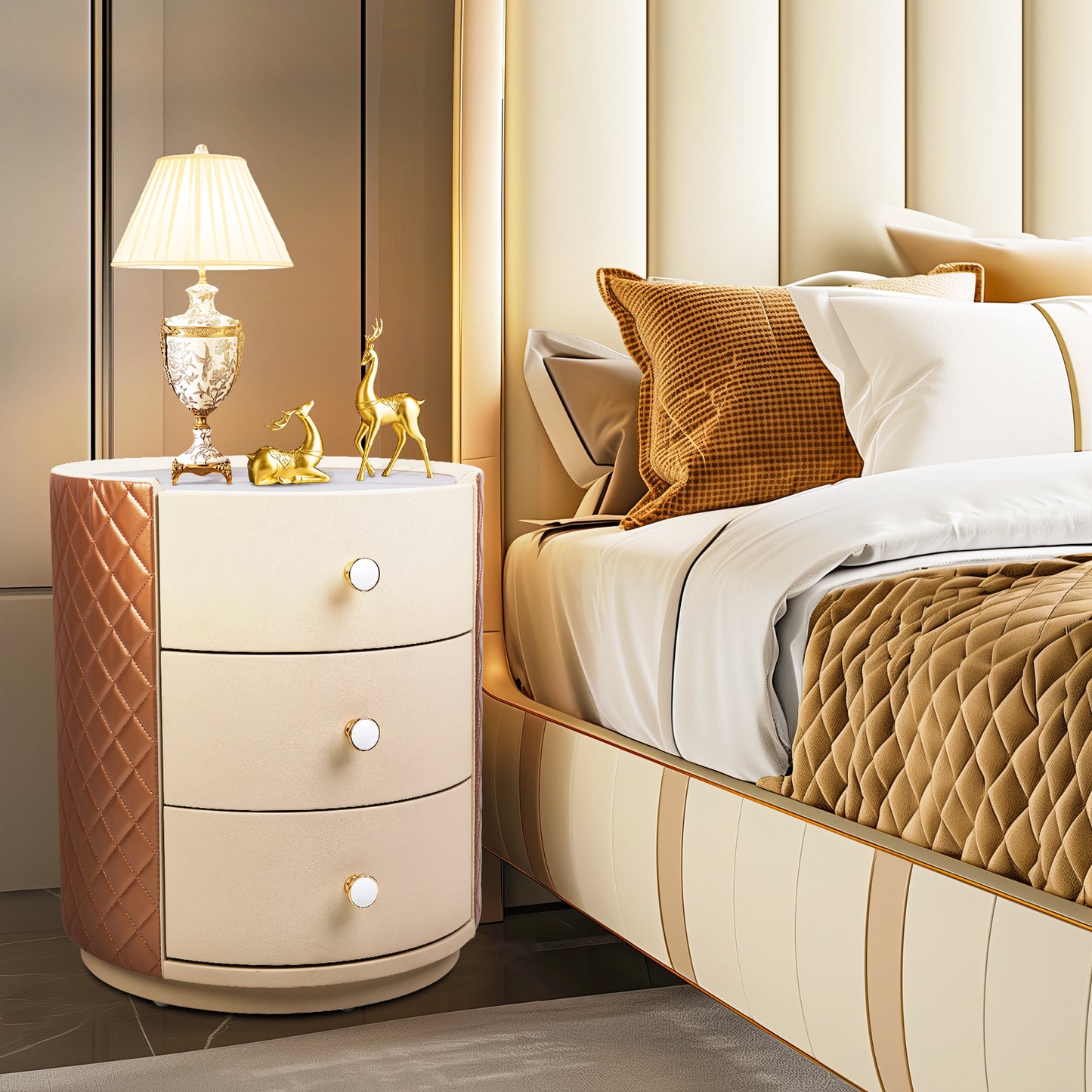 Fully Assembled Round Nightstand Storage Cabinet for Bedroom, No Assembly