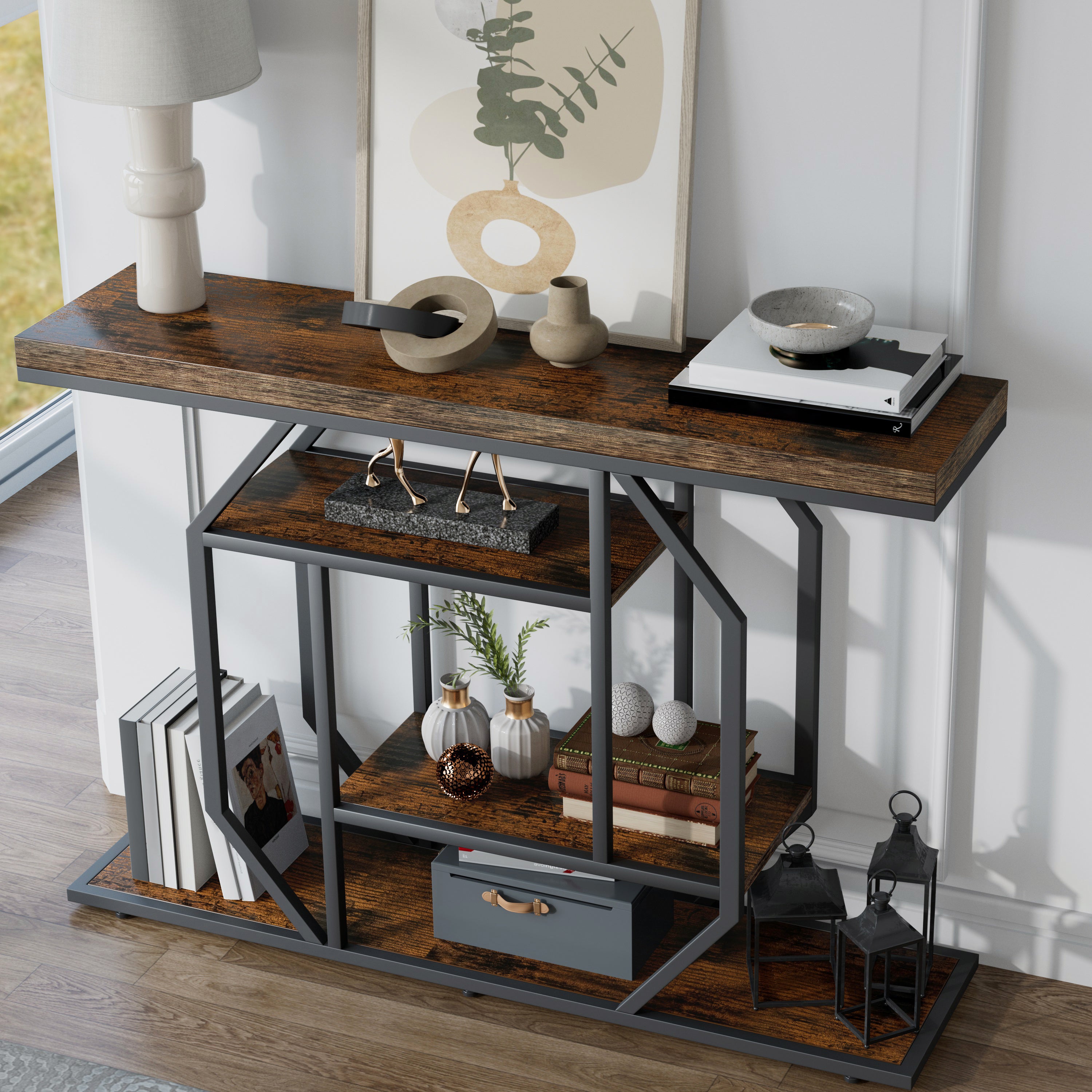 47.3" Long Console Table Industrial Sofa Table with Geometric Base Storage Shelf