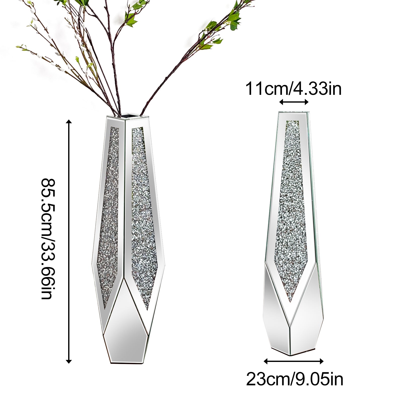 28” Tall Crushed Diamond Mirrored Flower Vase Crystal Silver Floor Flower Vase