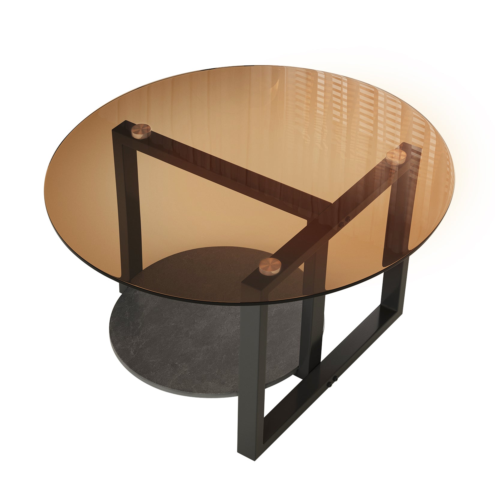 Modern Round Coffee Table Circle Amber-Tinted Tempered Glass Cocktail Table with 2-Tier