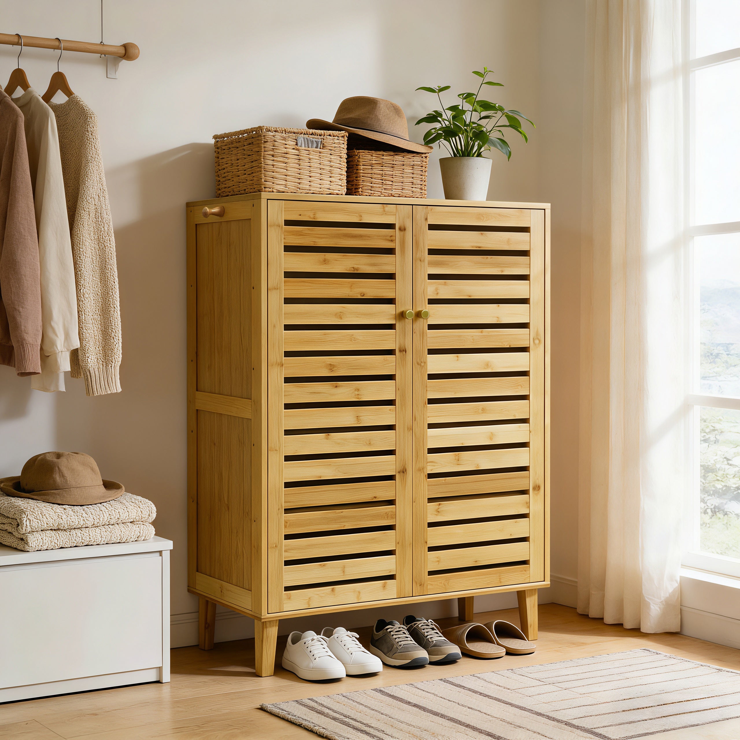 2/3 Doors Bamboo Shoes Storage Cabinet with Slatted Doors & Shelves for Entryway, Hallway