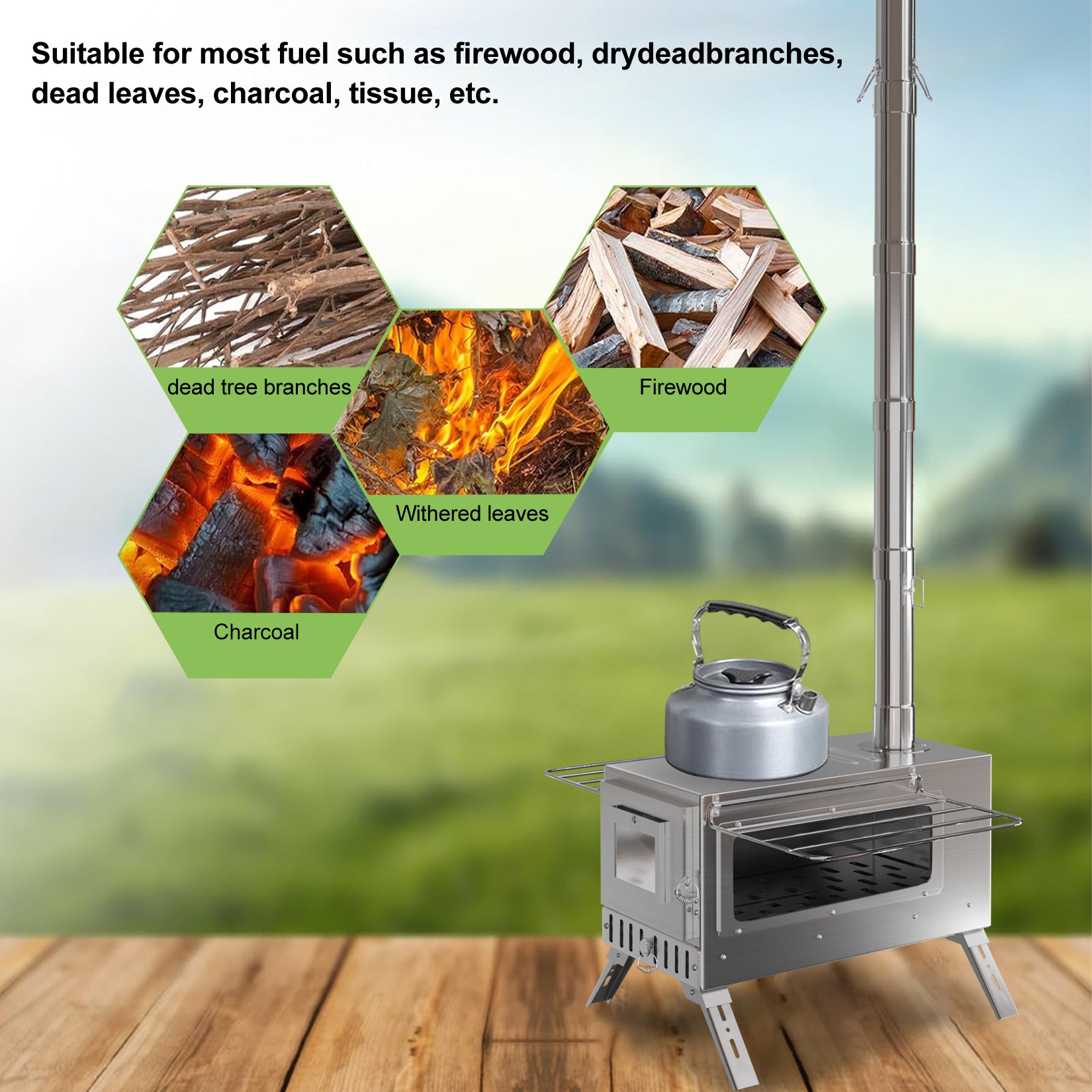 Outdoor Camping Tent Wood Burner Stove Fire Pit with 7 Chimney Pipes