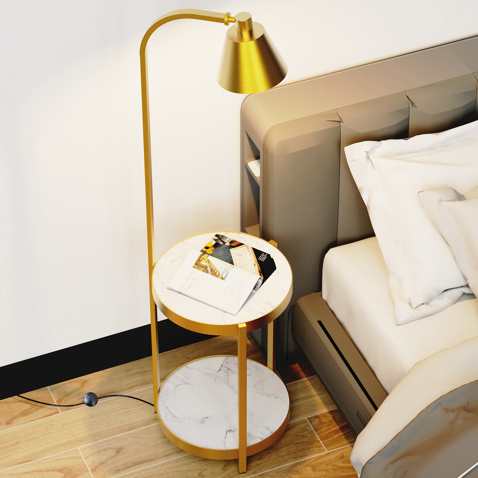 Tall Floor Lamp for Living Room, with 2-tier End Side Table Shelves Golden Iron Frame