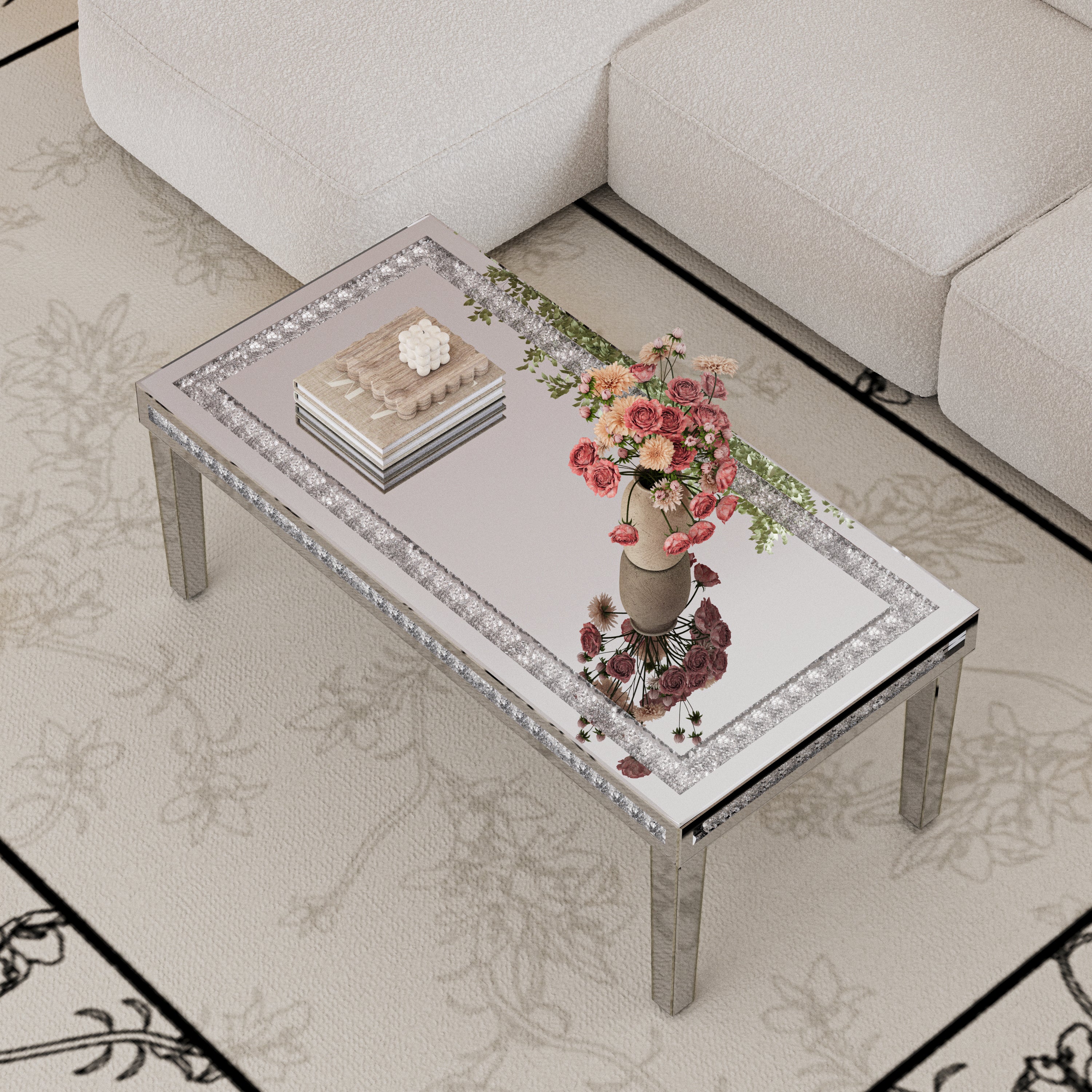 Rectangular Mirrored Coffee Table: Luxury Crushed Diamond Coffee Table Silver Mirrored Finish