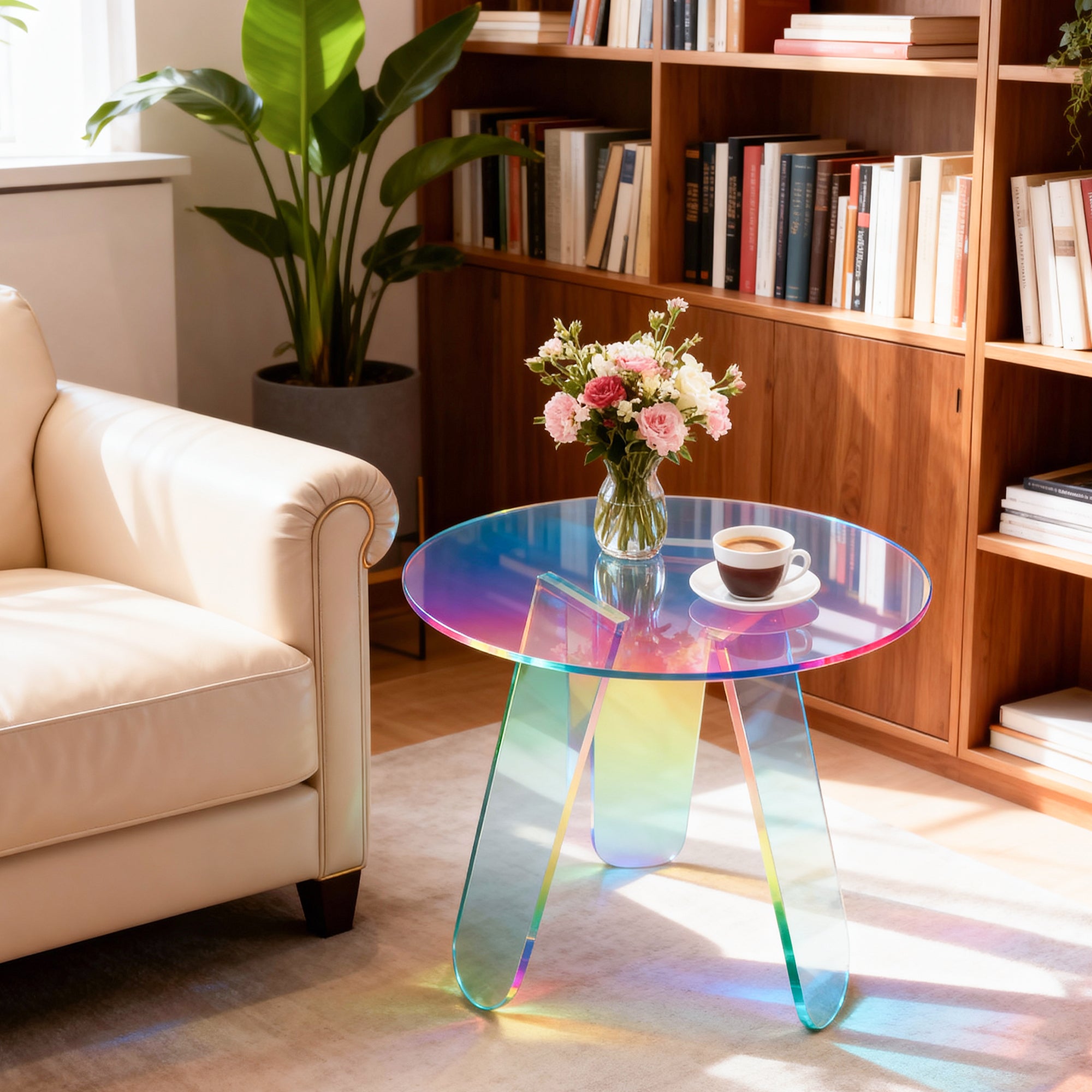 Round Iridescent Rainbow Acrylic End Table w/ PVC Table Cover Acrylic Side Table