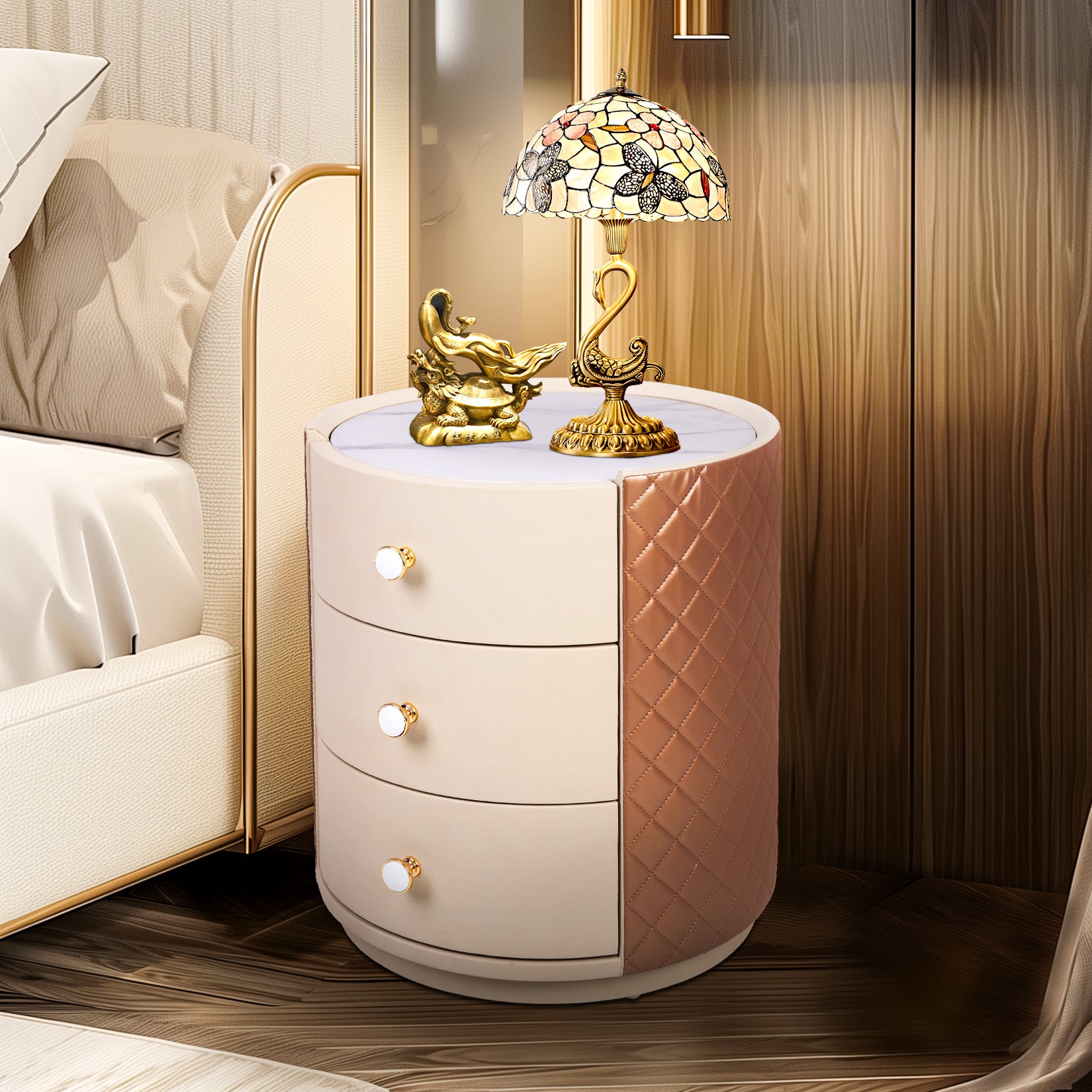 Fully Assembled Round Nightstand Storage Cabinet for Bedroom, No Assembly