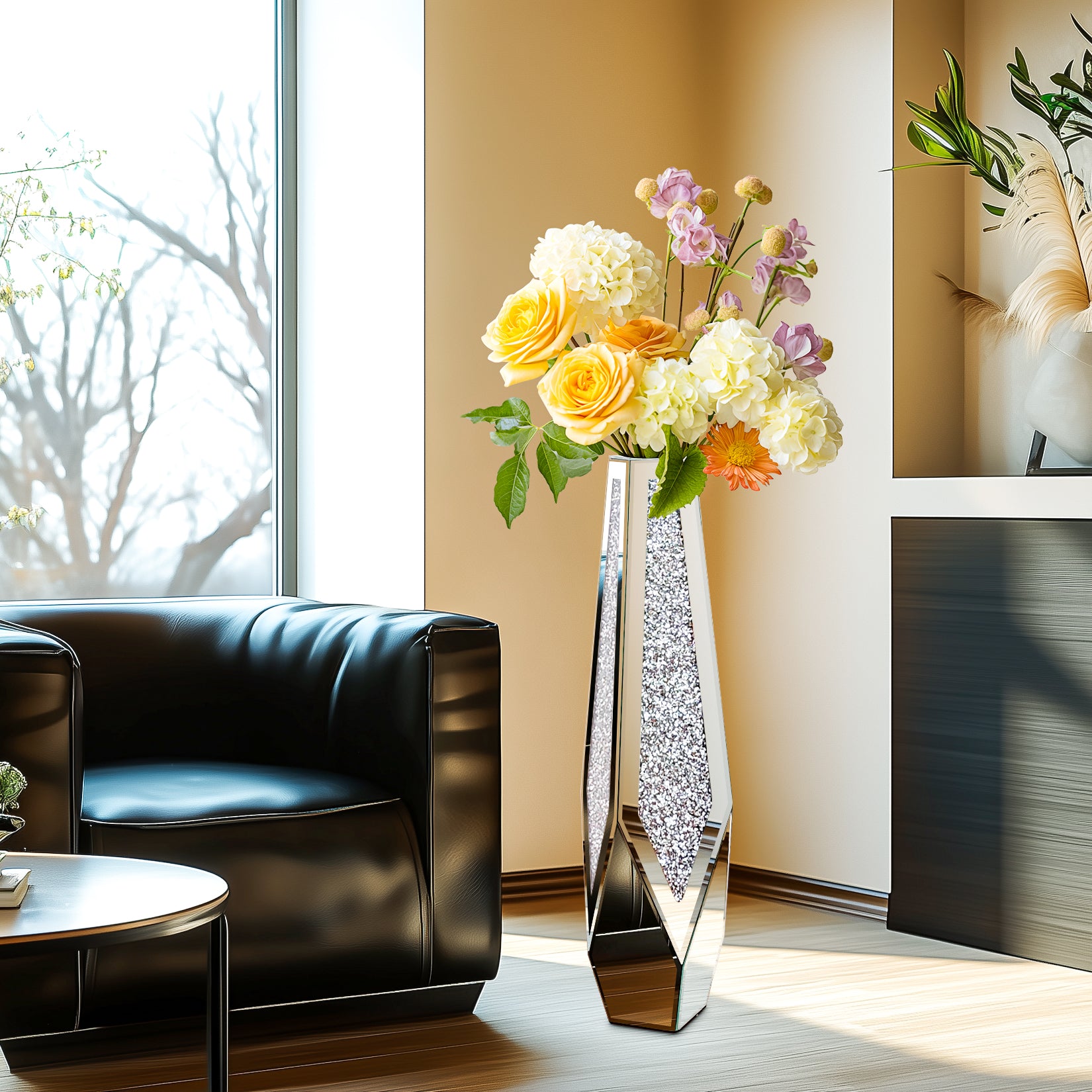 28” Tall Crushed Diamond Mirrored Flower Vase Crystal Silver Floor Flower Vase