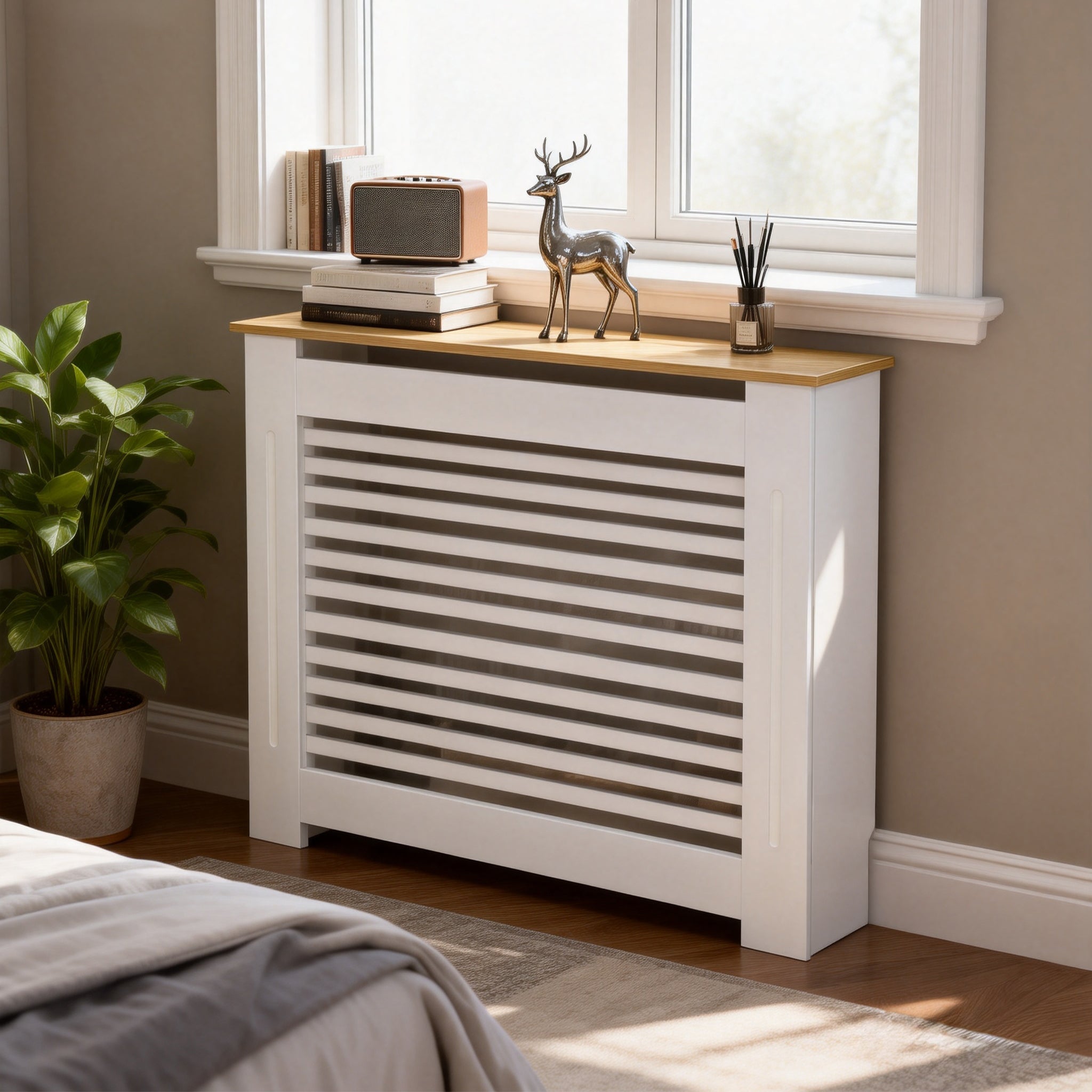 FATIVO Radiator Cover: Internal Height 90.5cm | Horizontal Slatted Radiator Cover with Natural Wood Texture Top, White MDF Wall Heater Cover for Old, Compact Radiators