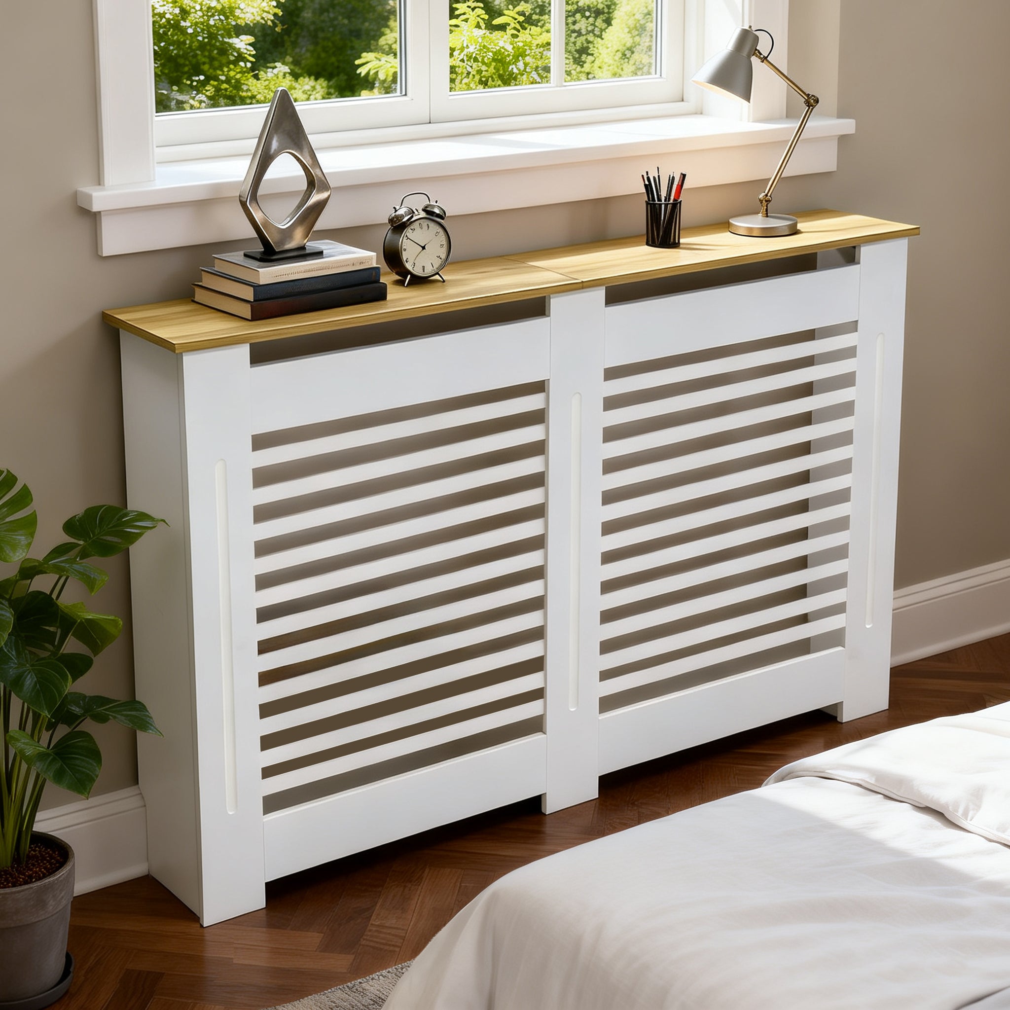FATIVO Radiator Cover: Internal Height 90.5cm | Horizontal Slatted Radiator Cover with Natural Wood Texture Top, White MDF Wall Heater Cover for Old, Compact Radiators