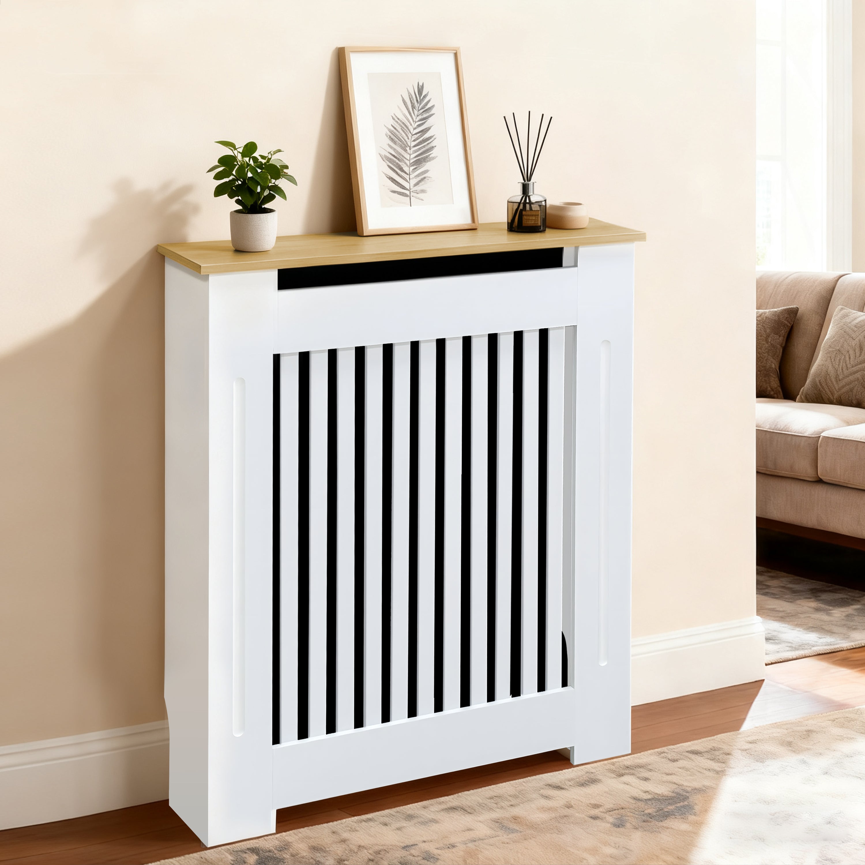FATIVO Radiator Cover | Intenal Height 90.5cm | Vertical Slatted White Radiator Cover w/ Wood-grain Top, MDF Heater Cover
