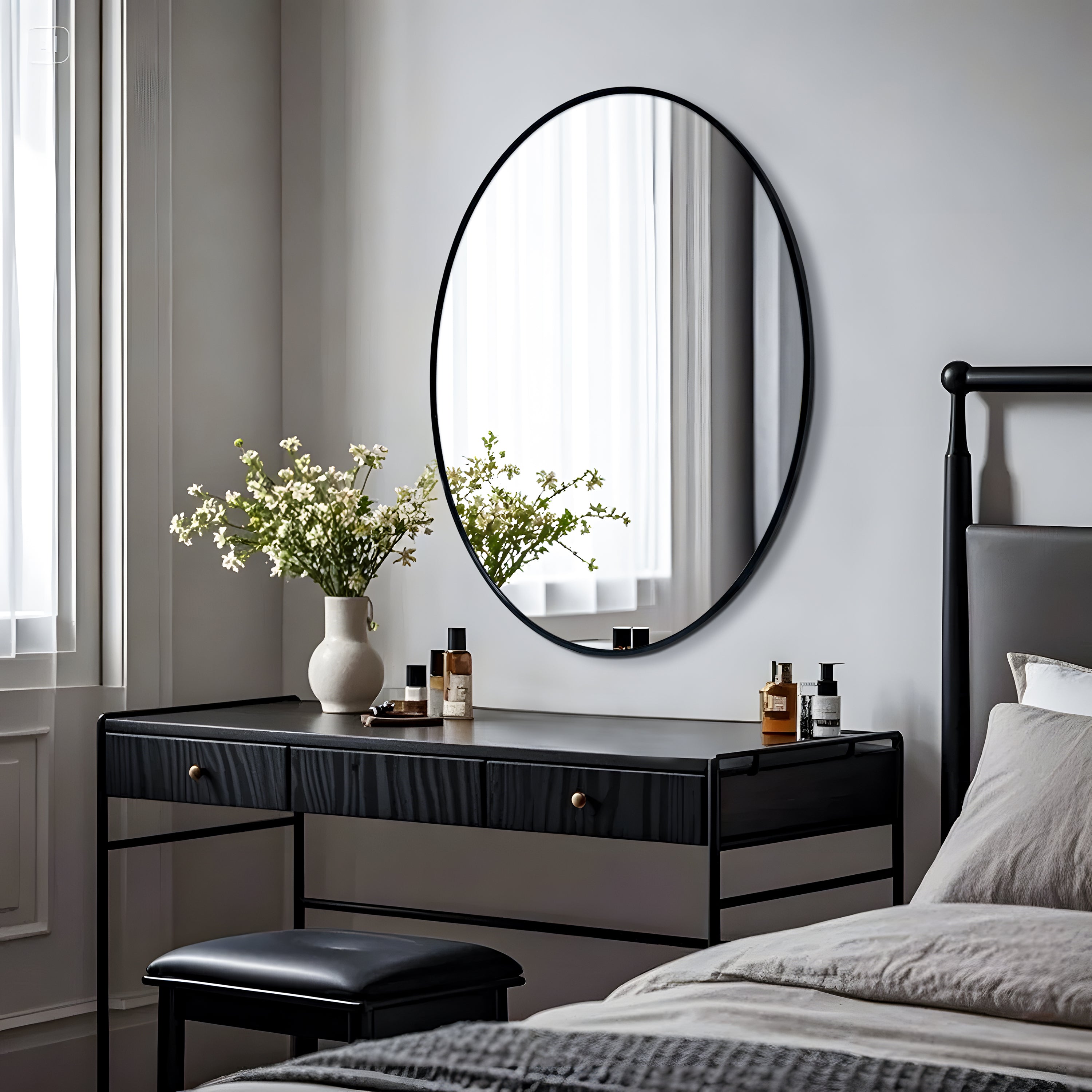 New Release Vertical Black Oval Wall Mirror Aluminum Frame Wall-mounted Hanging Mirror