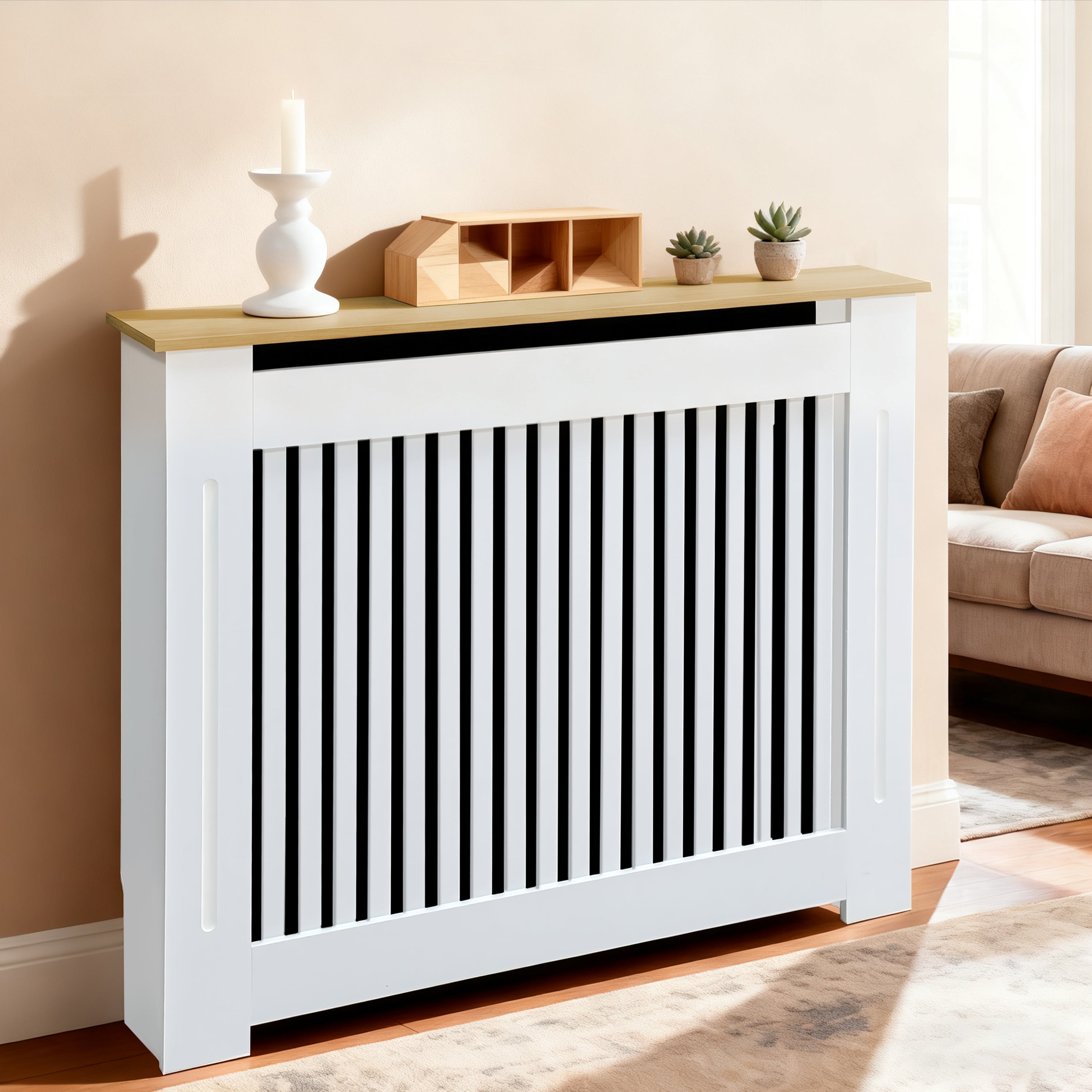 FATIVO Radiator Cover | Intenal Height 90.5cm | Vertical Slatted White Radiator Cover w/ Wood-grain Top, MDF Heater Cover