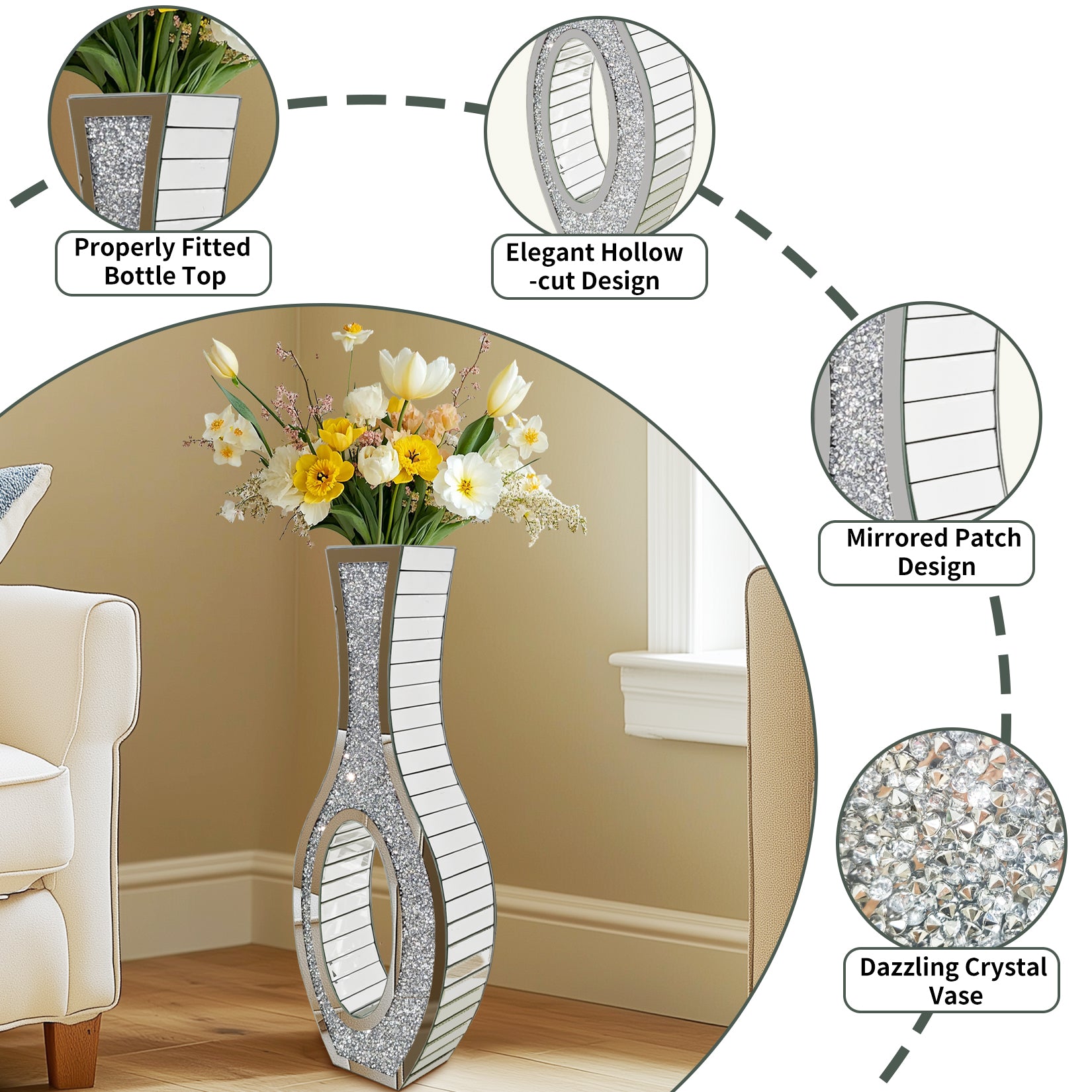 Crushed Diamond Floor Vase: Silver Mirror Vase Geometric Bling Floor-Standing Luxury Home Decor