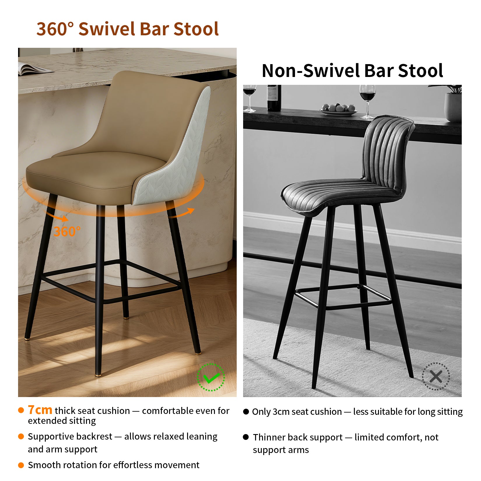 360° Swivel High Bar Stools Upholstered Height Kitchen Island Leather Counter Chair